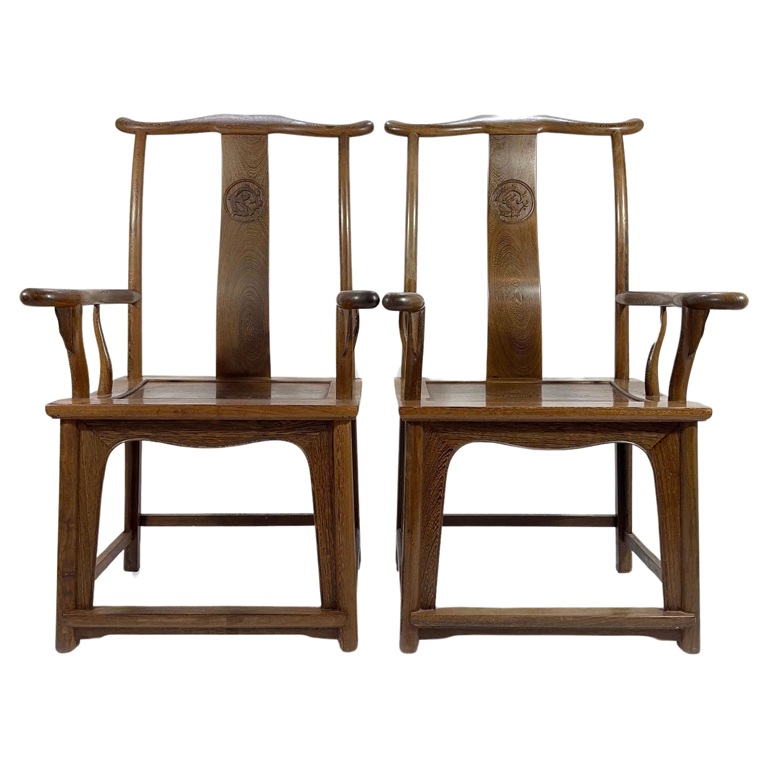 Pair of Antique Qing Era Chinese Yoke Back Armchairs 