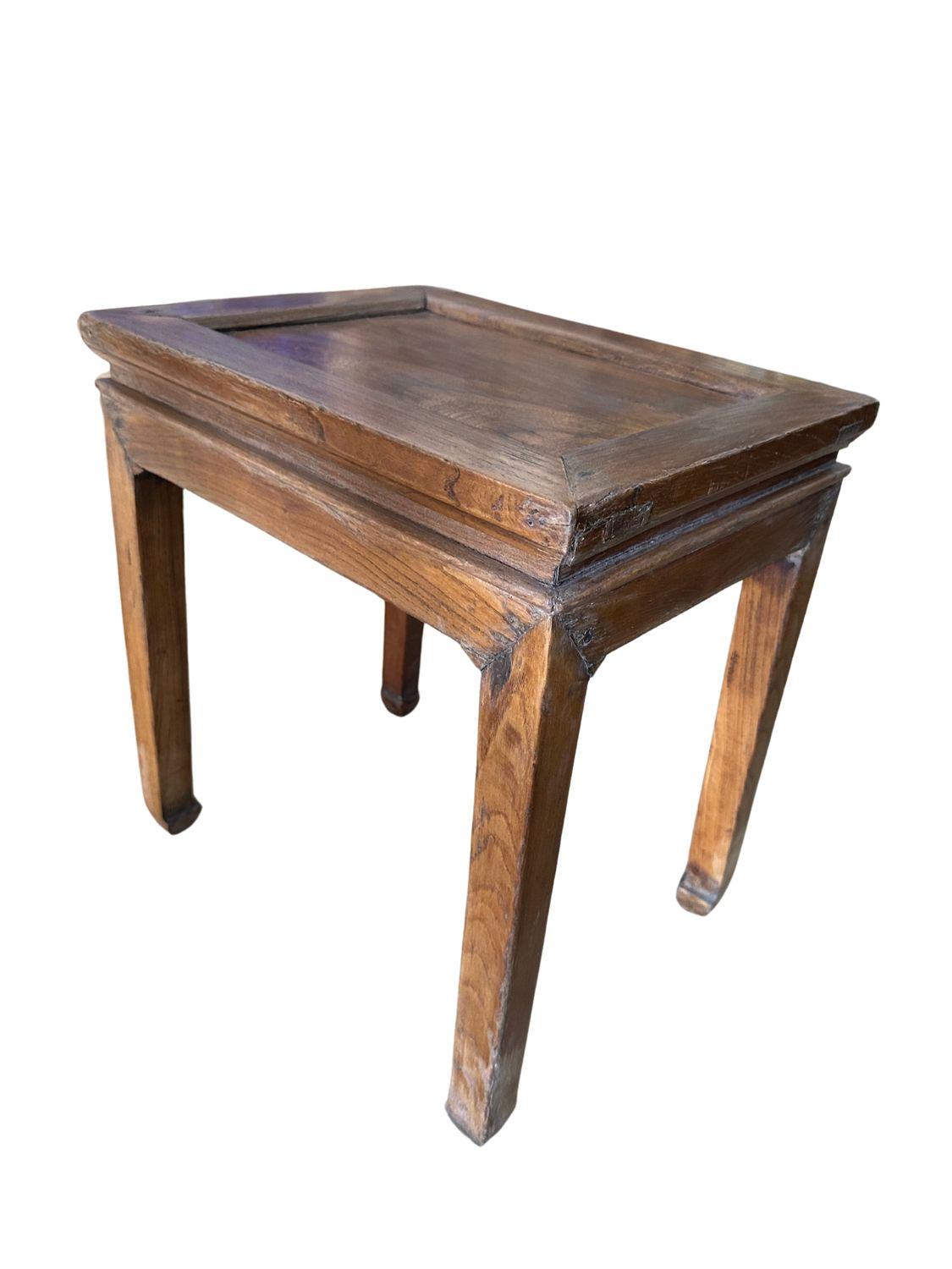 Hand-Carved Antique Qing Dynasty Light Elm Wood Stool For Sale