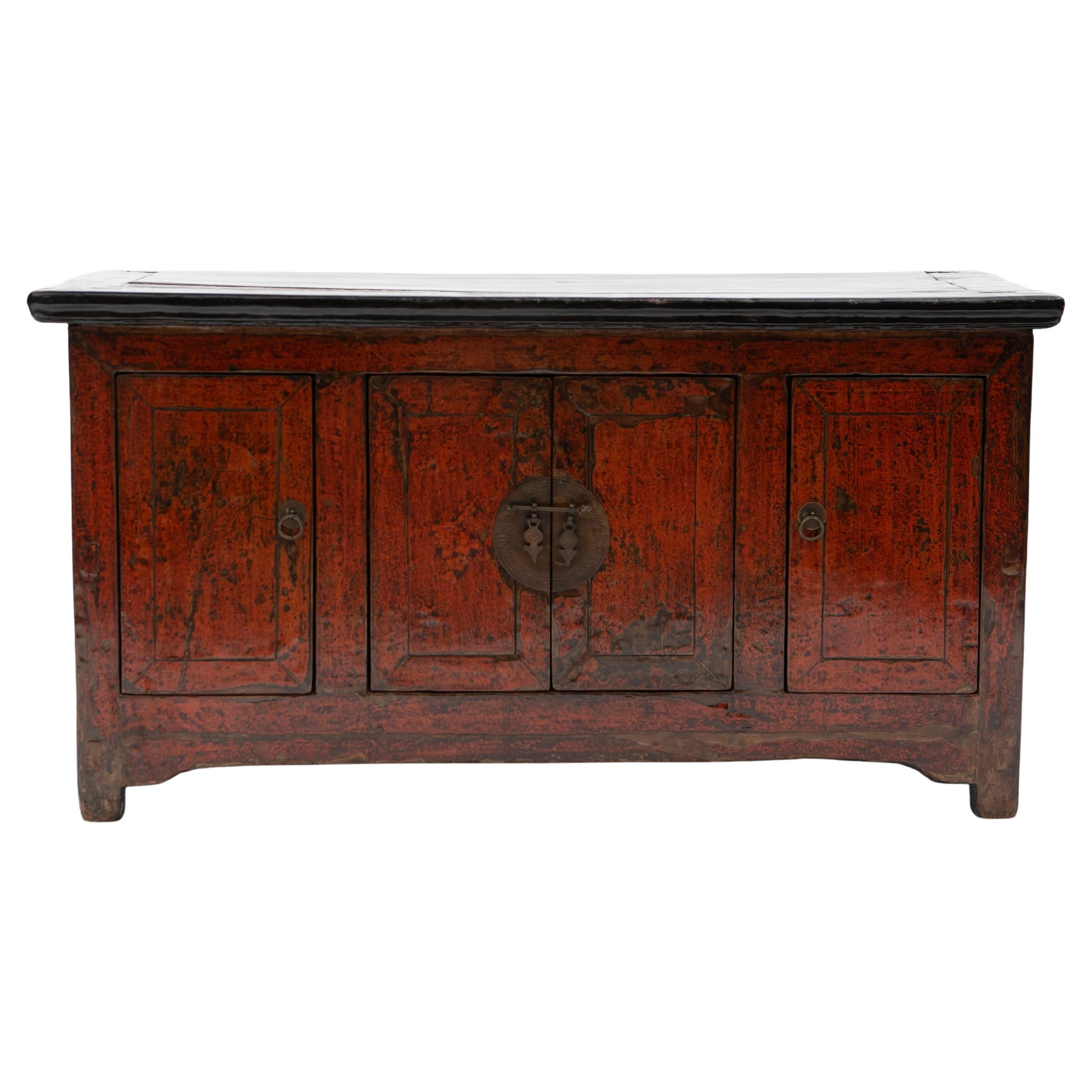 Qing Dynasty Low Red / Brow And Black Lacquered Sideboard
