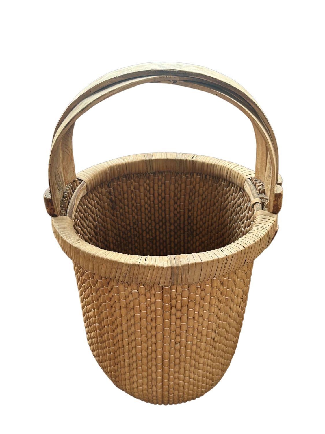 Hand-Crafted Antique Qing Dynasty Rattan Basket with Elm Wood Handle For Sale