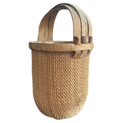 Antique Qing Dynasty Rattan Basket with Elm Wood Handle