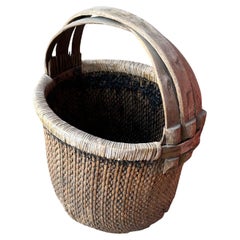 Antique Qing Dynasty Rattan Basket with Elm Wood Handle, Rich Patina