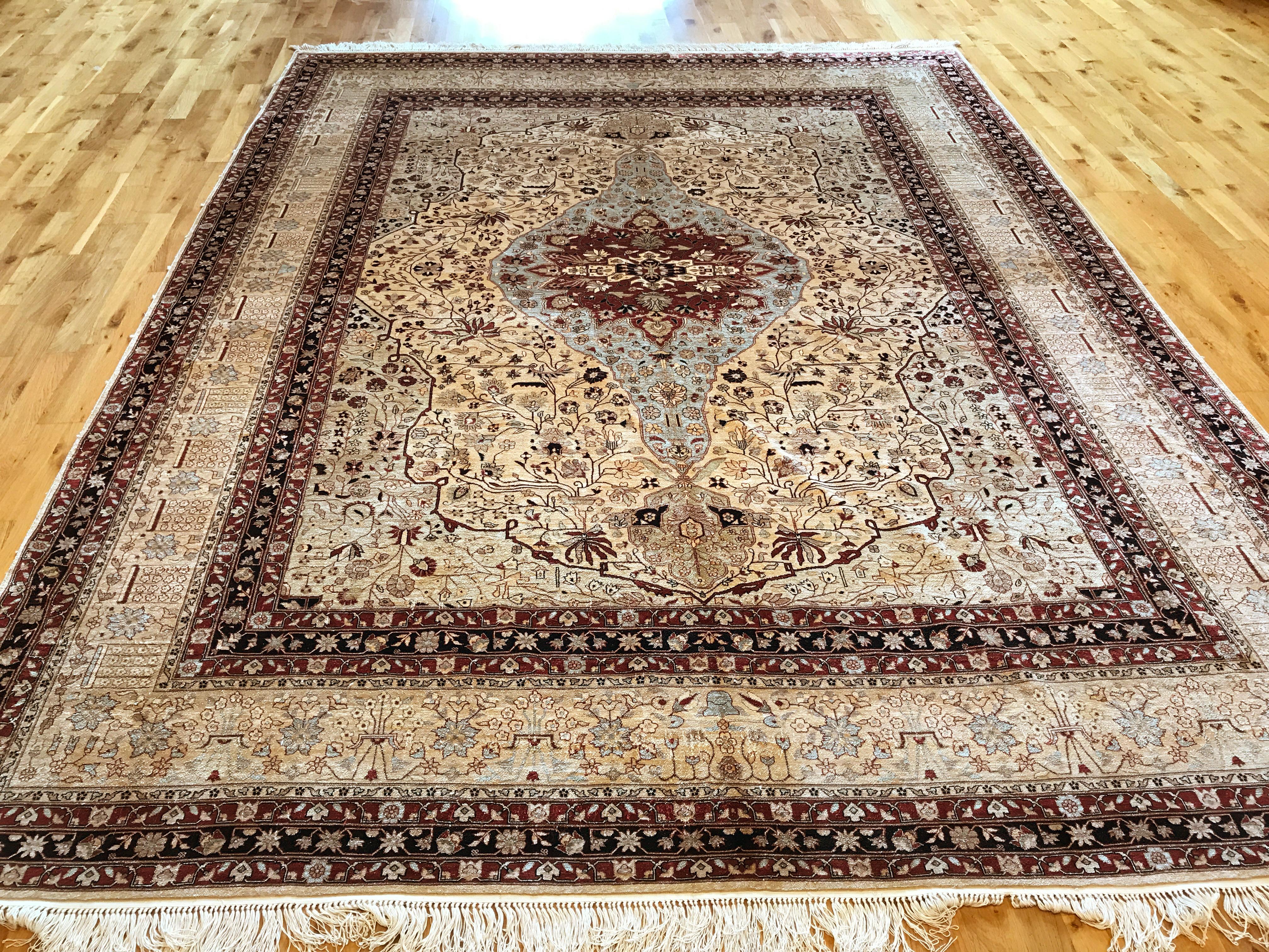 Hand-Knotted Antique Qom Silk Rug For Sale