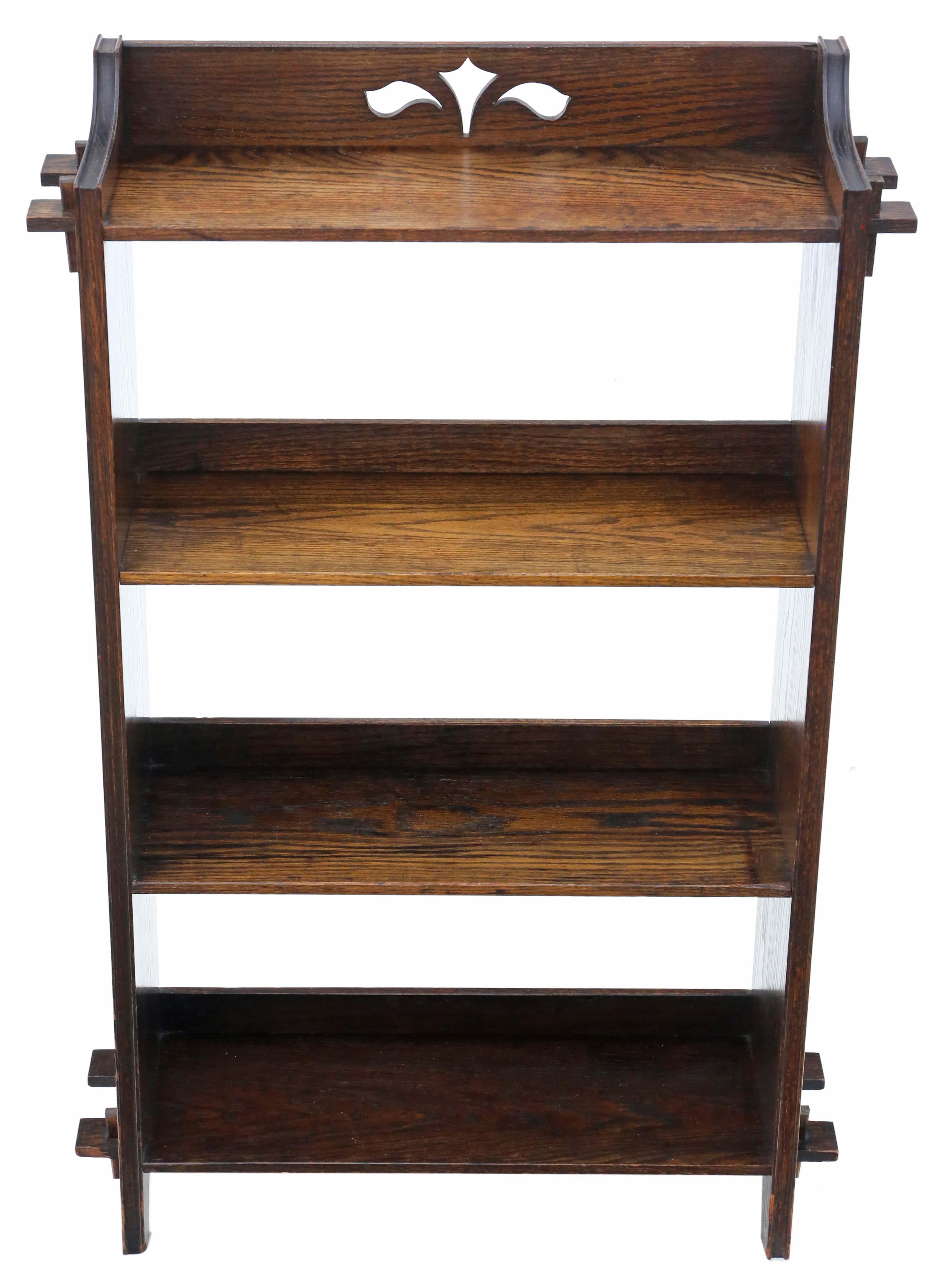 Antique quality Art Nouveau C1910 oak bookcase.

Full of age, charm and character.

Solid, with no loose joints and no woodworm.

Would look amazing in the right location!

Overall maximum dimensions: 64cmW x 20cmD x 100cmH.

Shelves 52cm x 18cm x