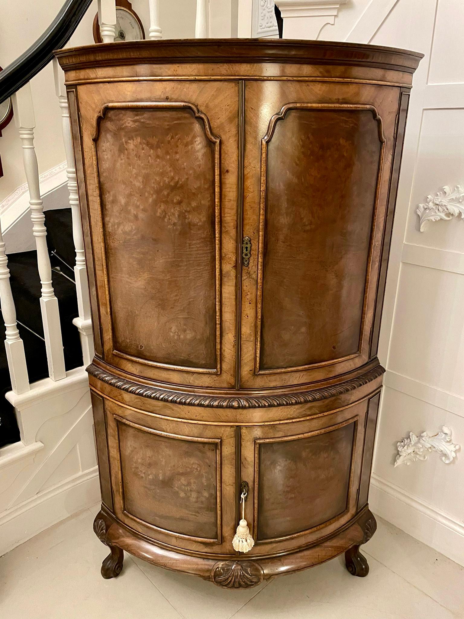 20th Century Antique Quality Burr Walnut Bow Fronted Cocktail Cabinet