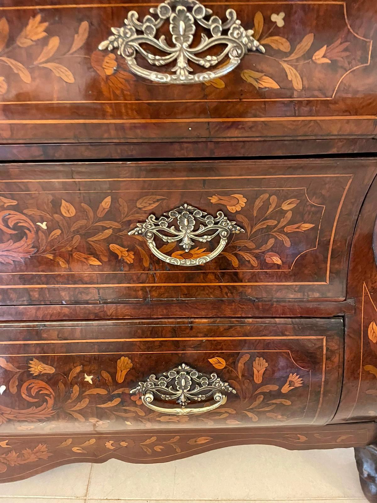 Antique Quality Burr Walnut Floral Marquetry Inlaid Bombe Shaped Bureau For Sale 5