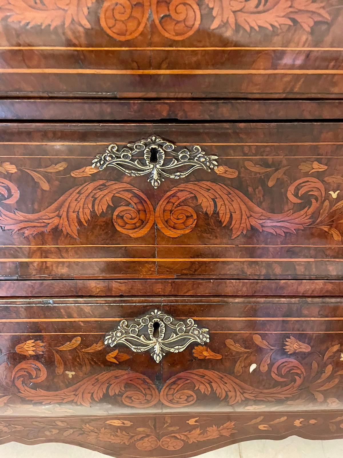 Antique Quality Burr Walnut Floral Marquetry Inlaid Bombe Shaped Bureau For  Sale at 1stDibs