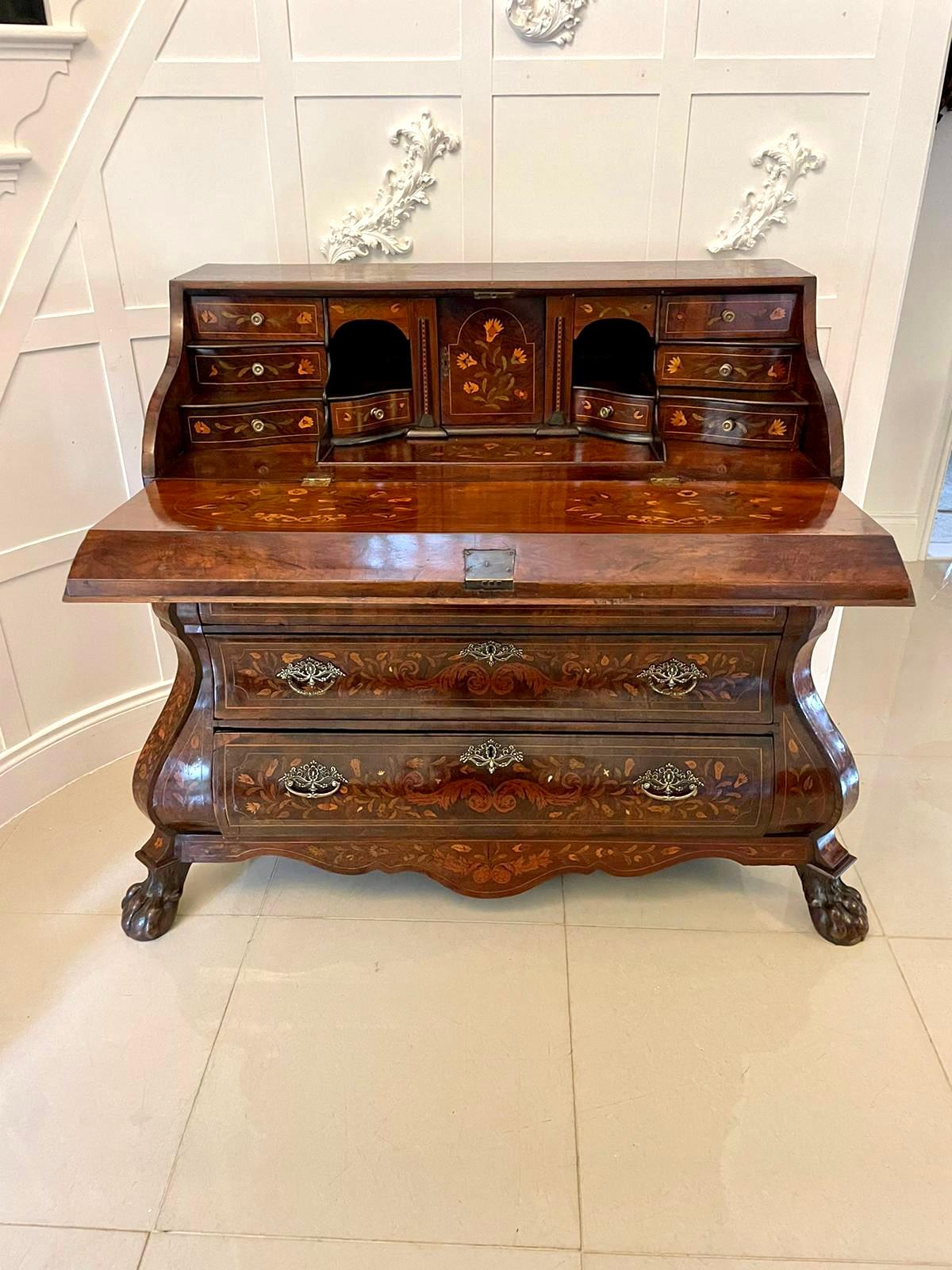 Antique Quality Burr Walnut Floral Marquetry Inlaid Bombe Shaped Bureau For Sale 11