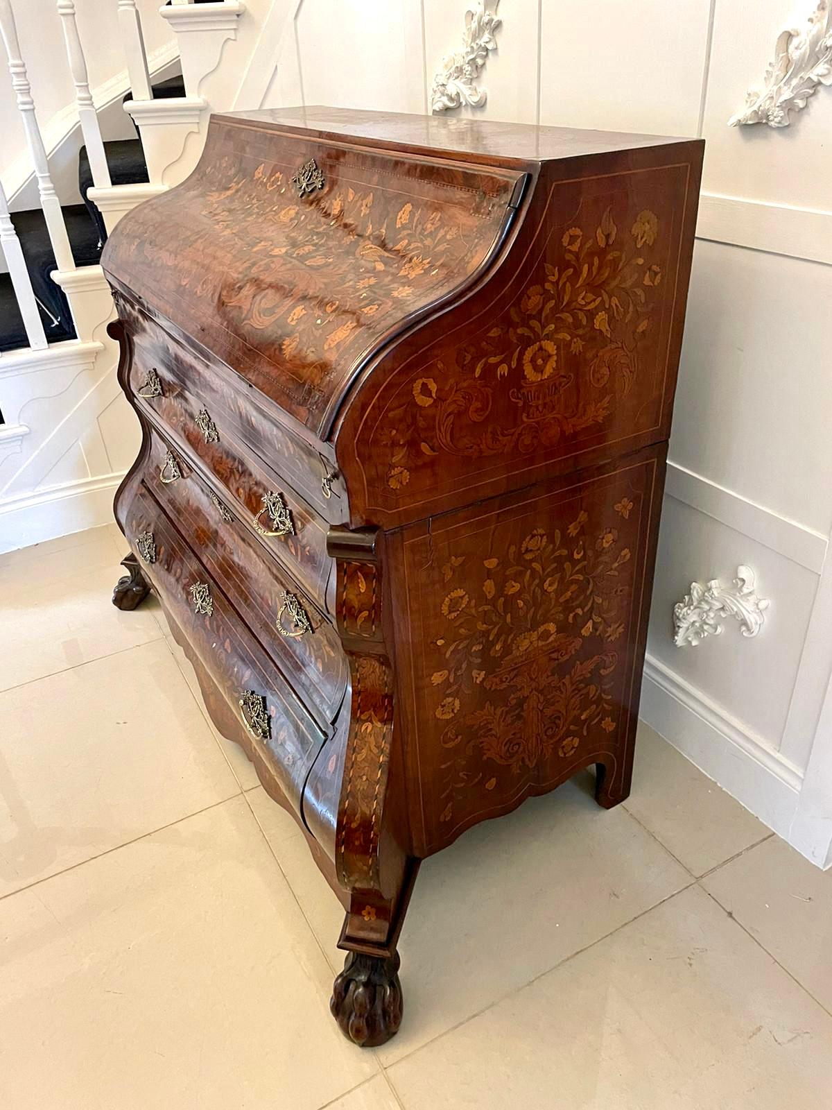 Antique Quality Burr Walnut Floral Marquetry Inlaid Bombe Shaped Bureau For Sale 12