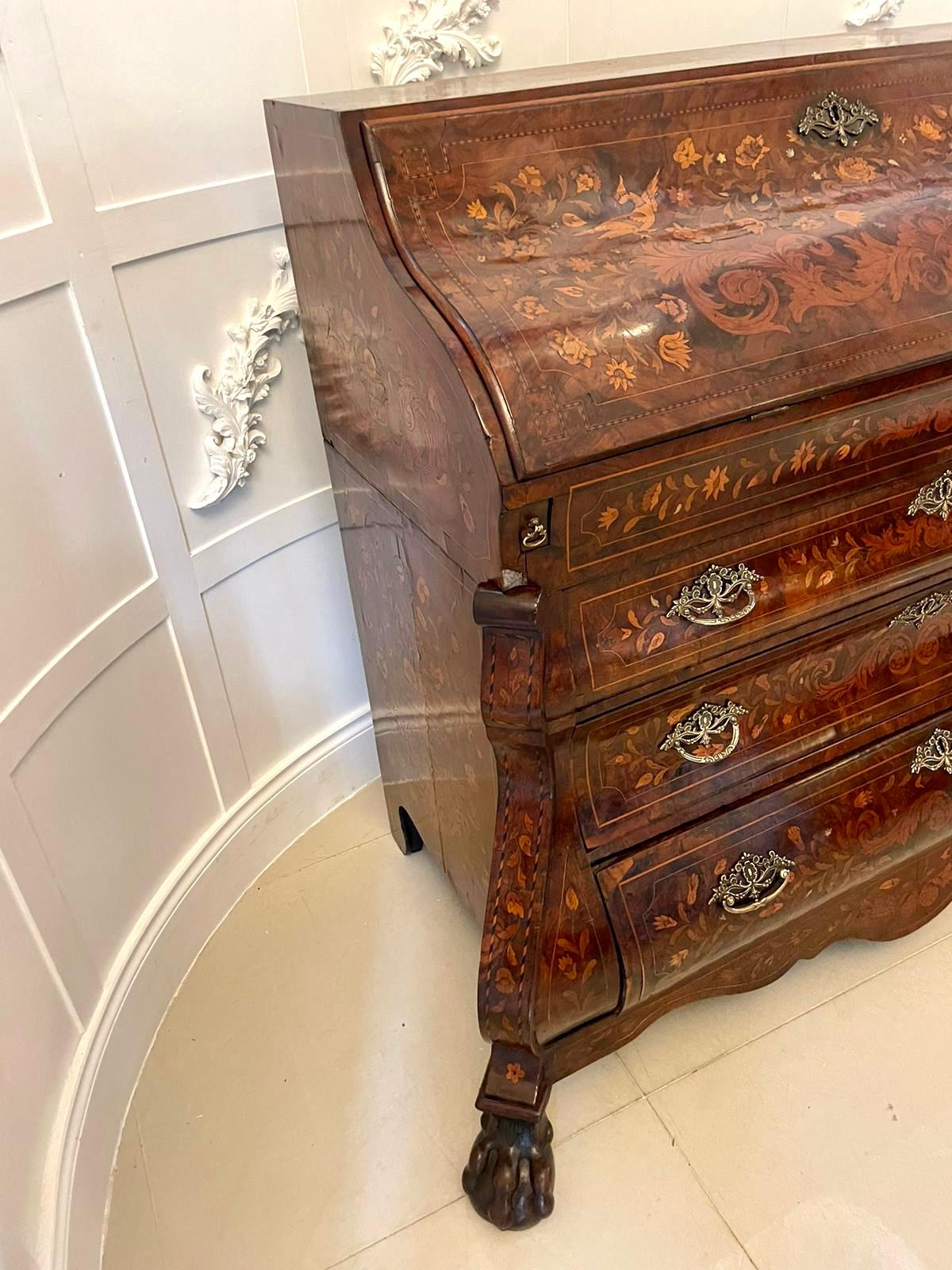 Antique Quality Burr Walnut Floral Marquetry Inlaid Bombe Shaped Bureau For Sale 13