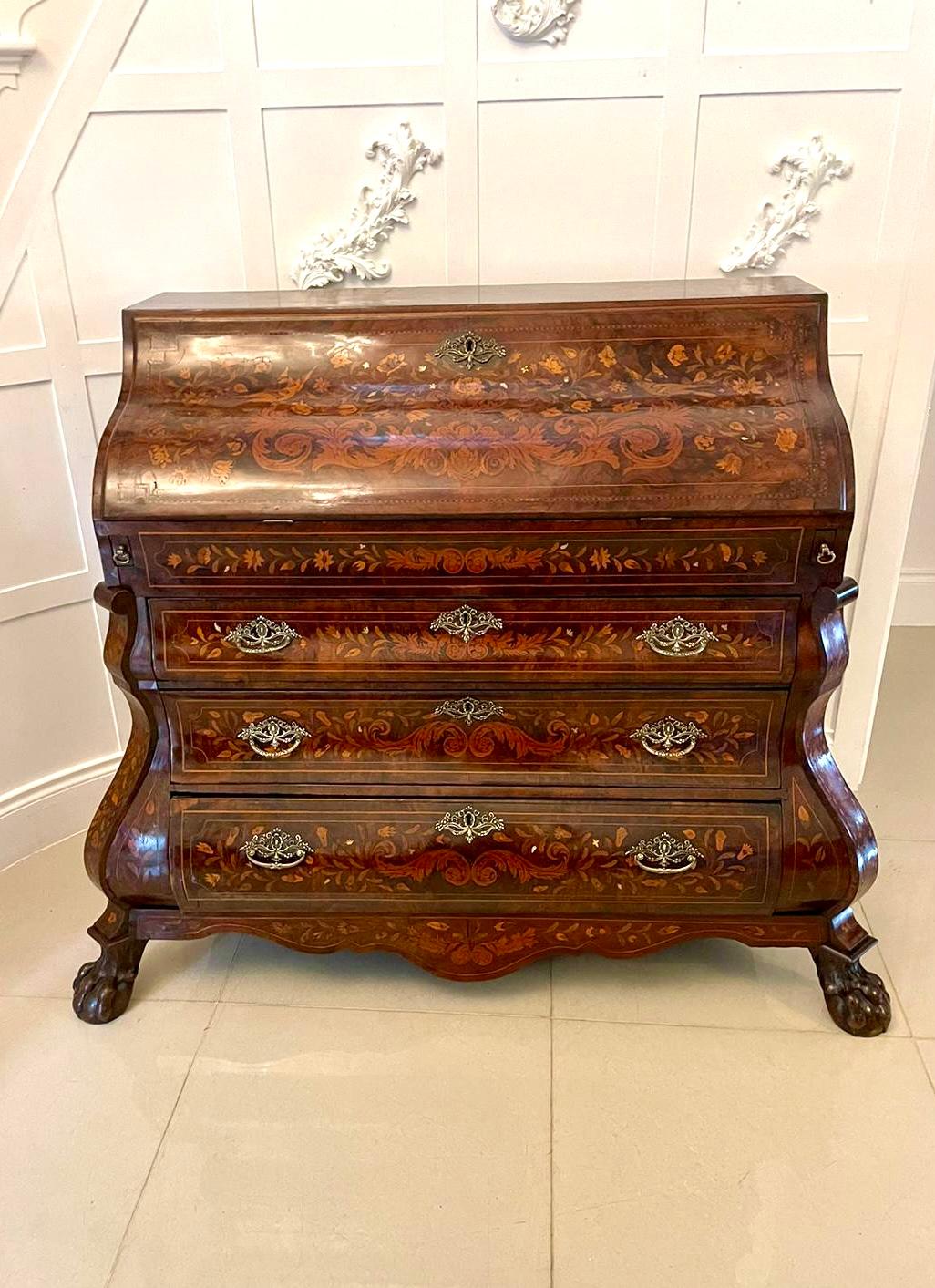 Antique Quality Burr Walnut Floral Marquetry Inlaid Bombe Shaped Bureau In Good Condition For Sale In Suffolk, GB