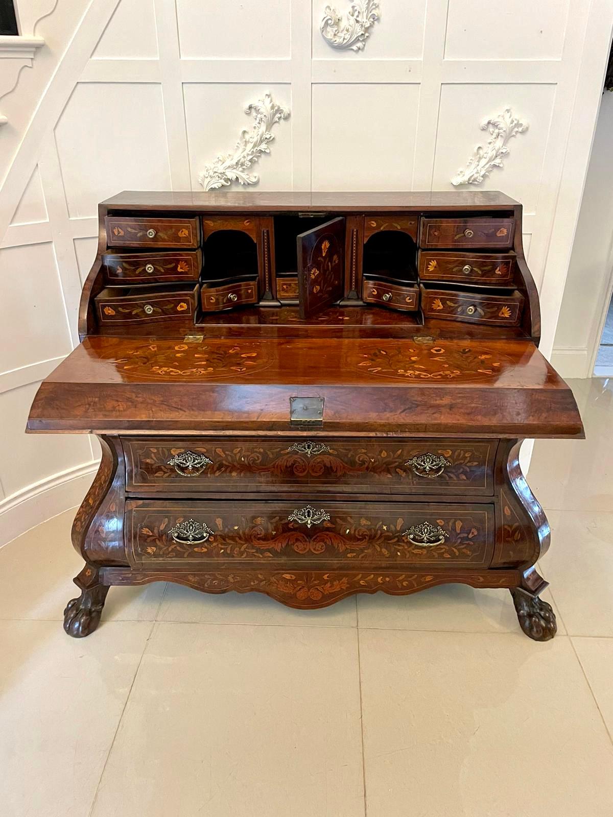 18th Century and Earlier Antique Quality Burr Walnut Floral Marquetry Inlaid Bombe Shaped Bureau For Sale