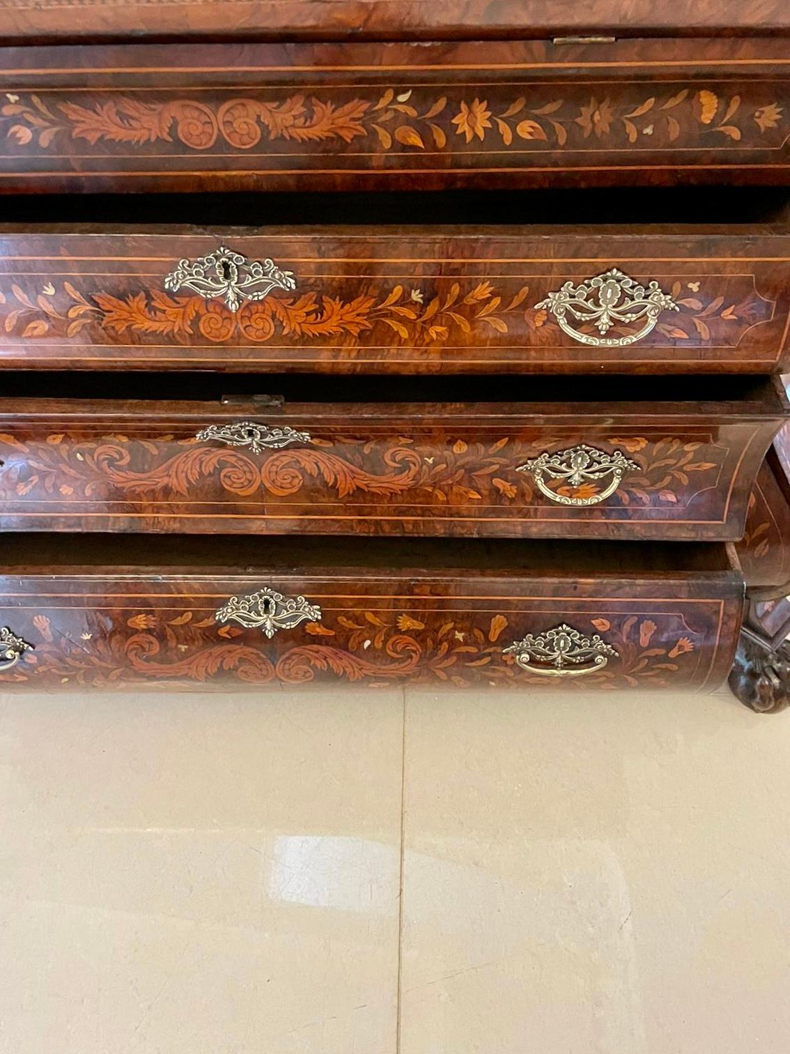 Antique Quality Burr Walnut Floral Marquetry Inlaid Bombe Shaped Bureau For Sale 2