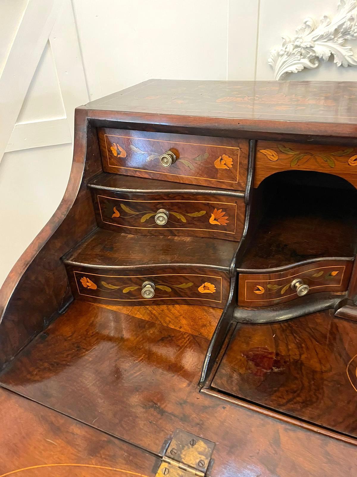 Antique Quality Burr Walnut Floral Marquetry Inlaid Bombe Shaped Bureau For Sale 3