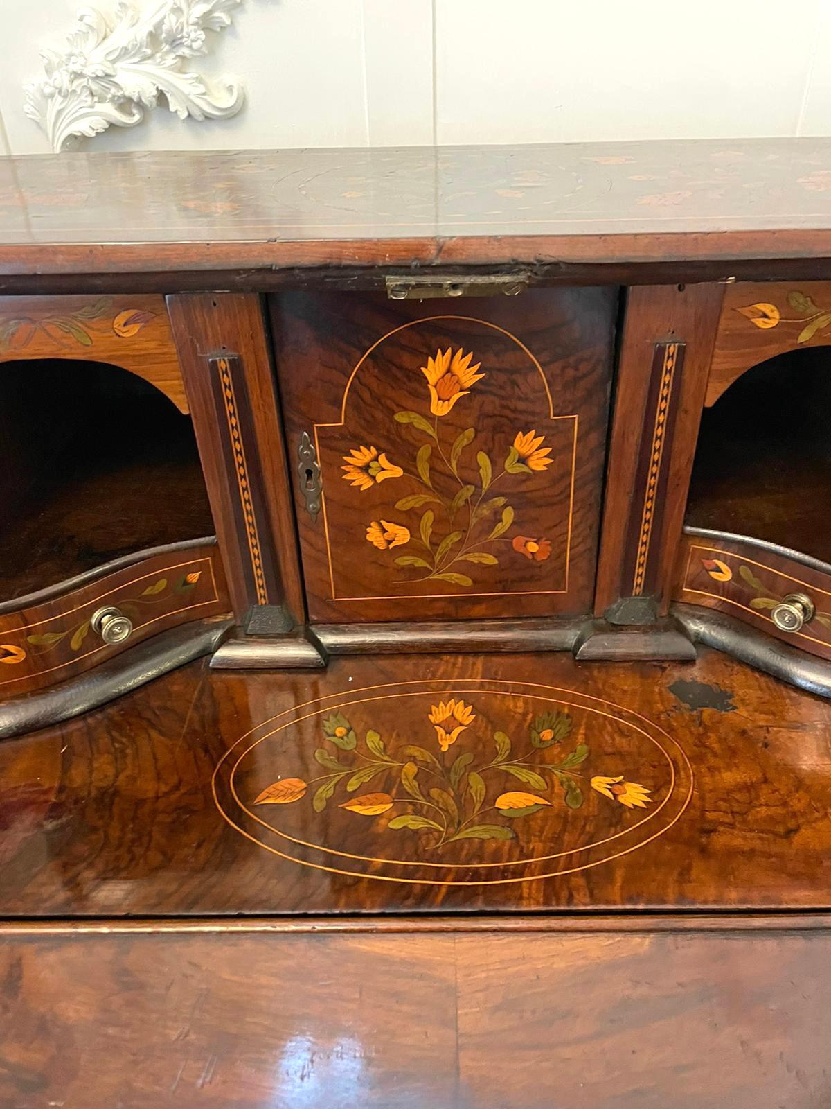 Antique Quality Burr Walnut Floral Marquetry Inlaid Bombe Shaped Bureau For Sale 4