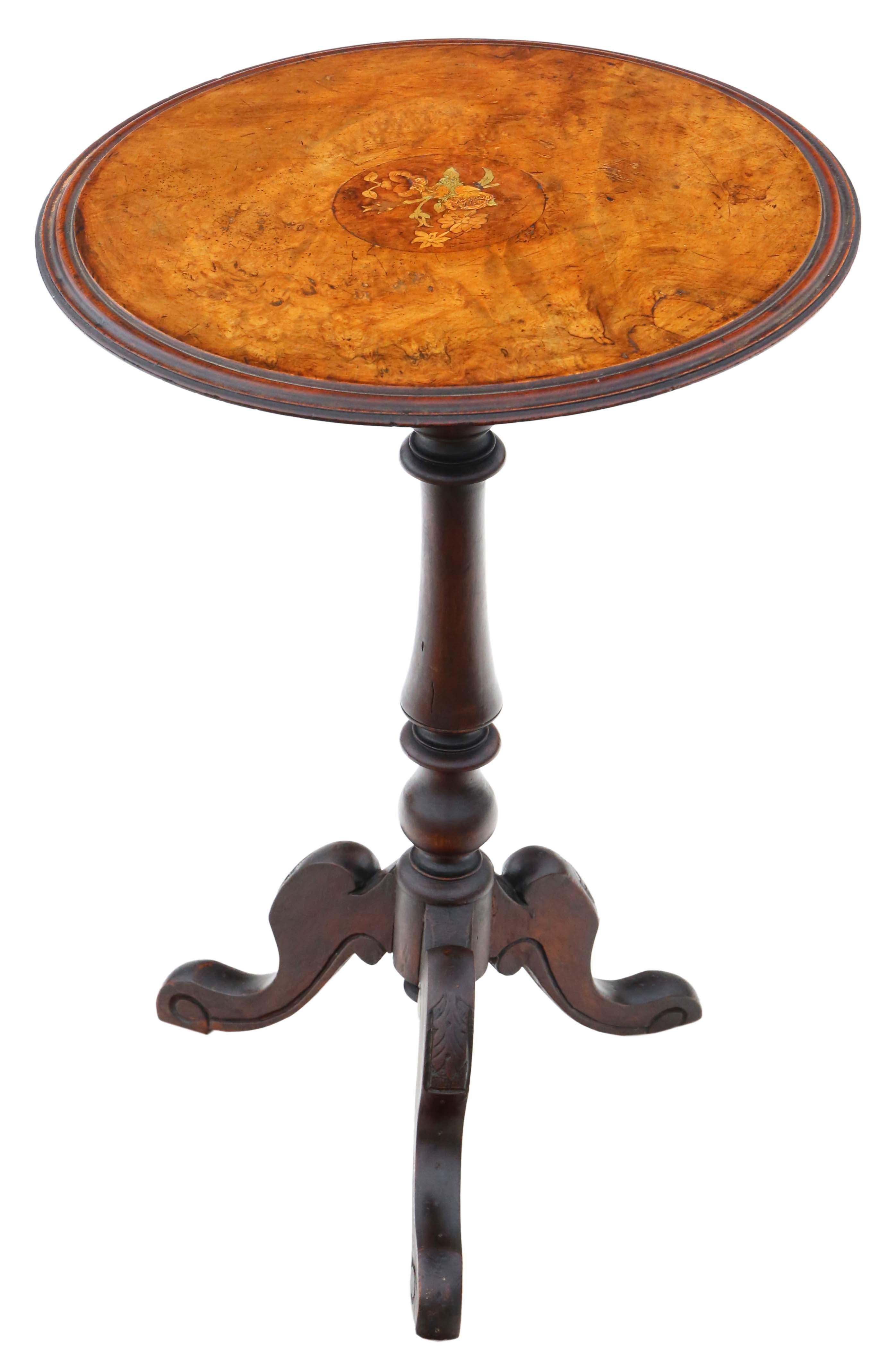 Antique quality burr walnut marquetry inlaid wine side or occasional table 19th Century.

Solid with no loose joints or woodworm. A charming table with lovely marquetry decoration.

Would look great in the right location!

Overall maximum
