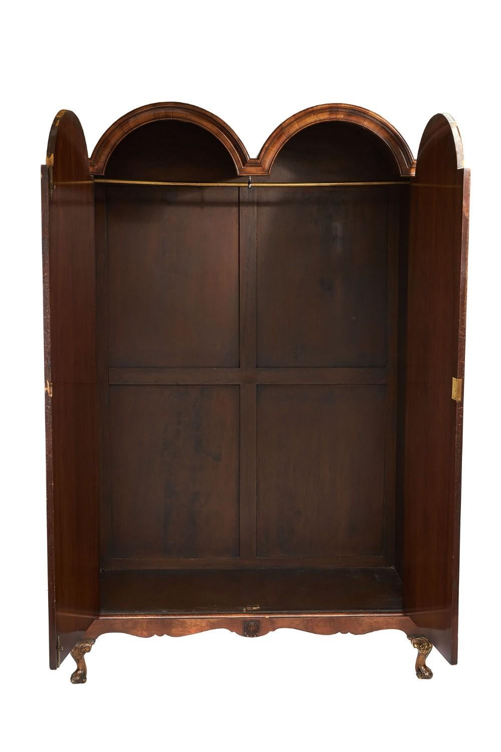 English Antique Quality Burr Walnut Two Door Double Dome Wardrobe