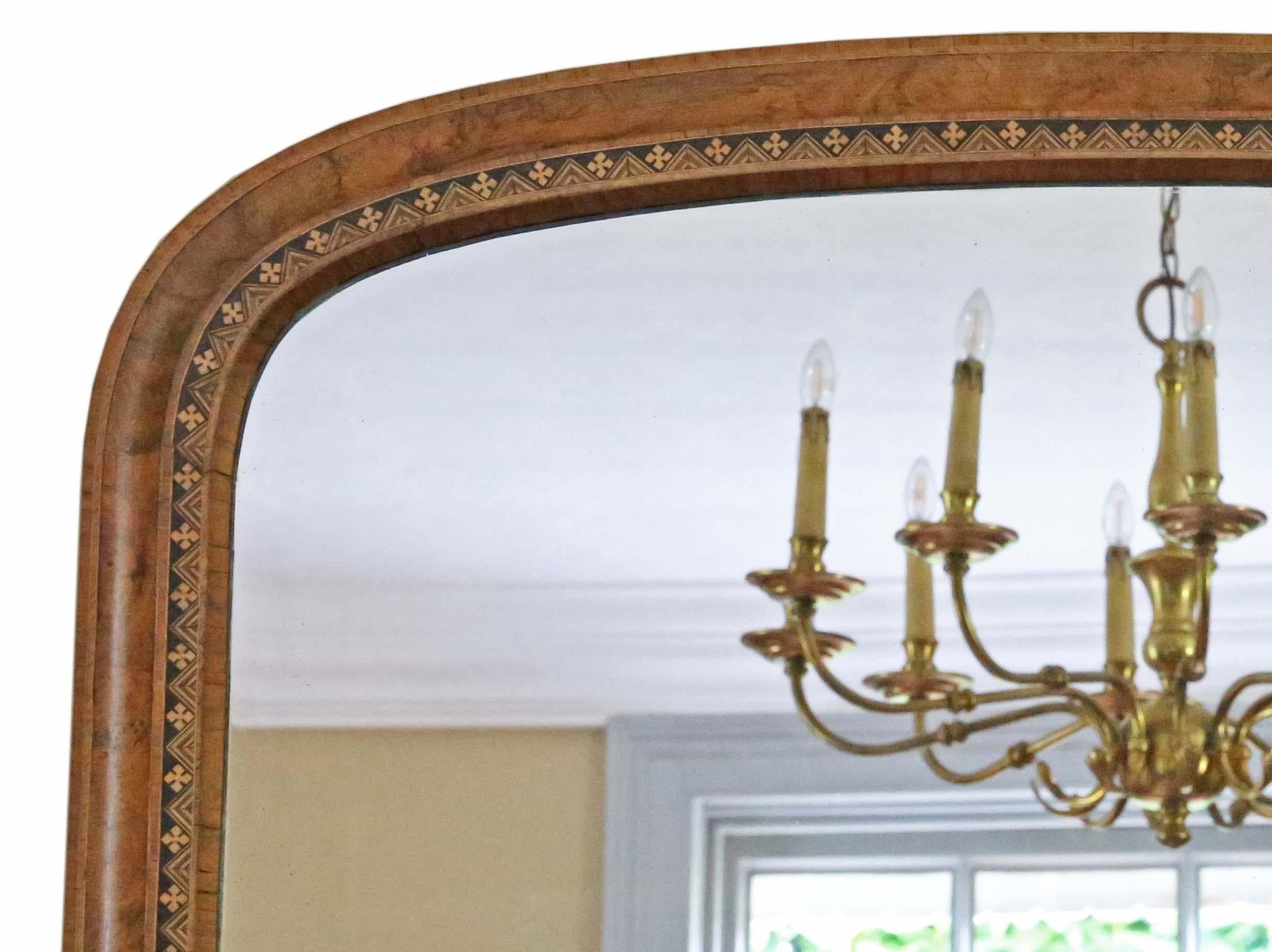 Antique quality C1900 large quality inlaid burr walnut overmantle wall mirror In Good Condition For Sale In Wisbech, Cambridgeshire