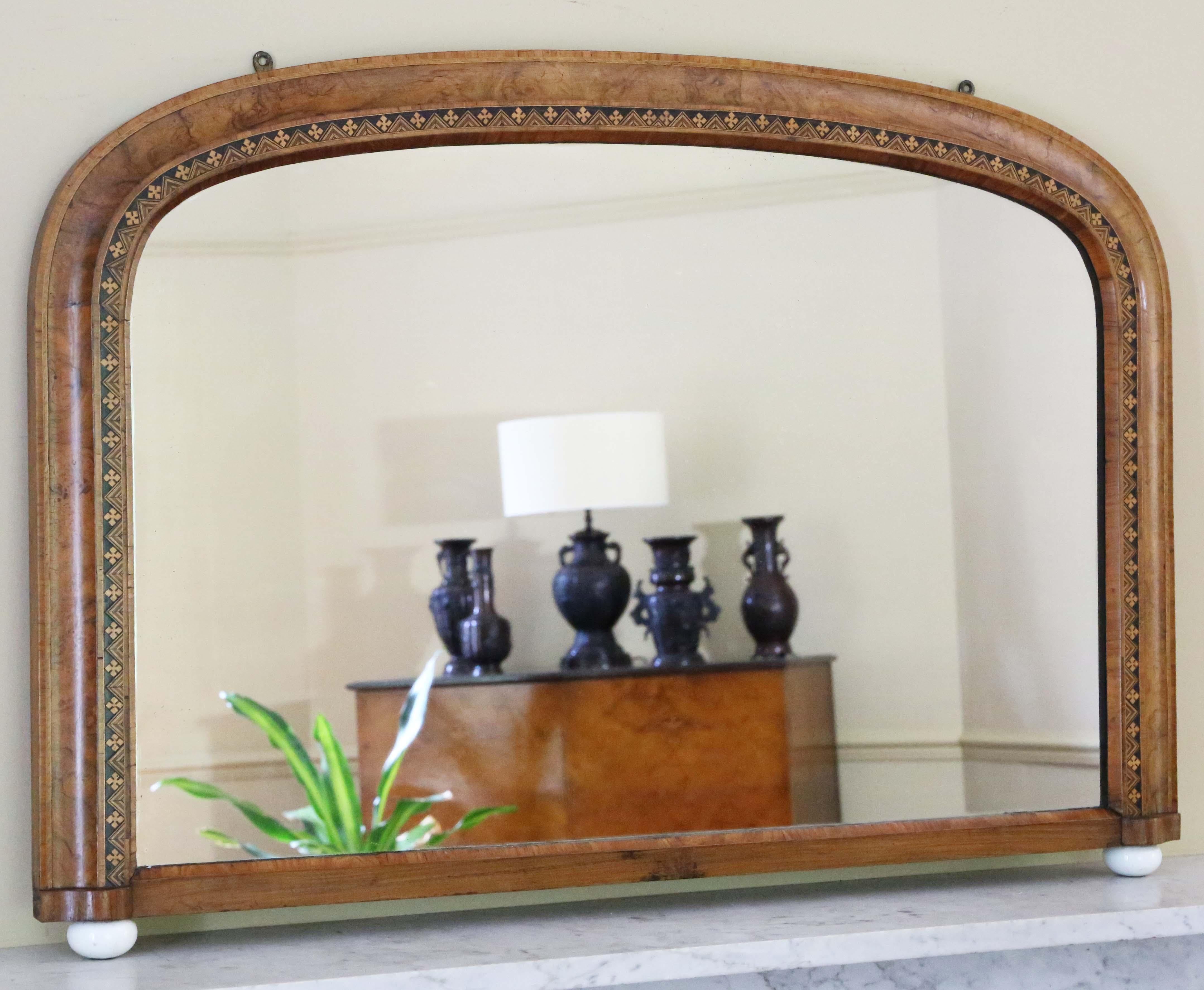 Antique quality C1900 large quality inlaid burr walnut overmantle wall mirror For Sale 2
