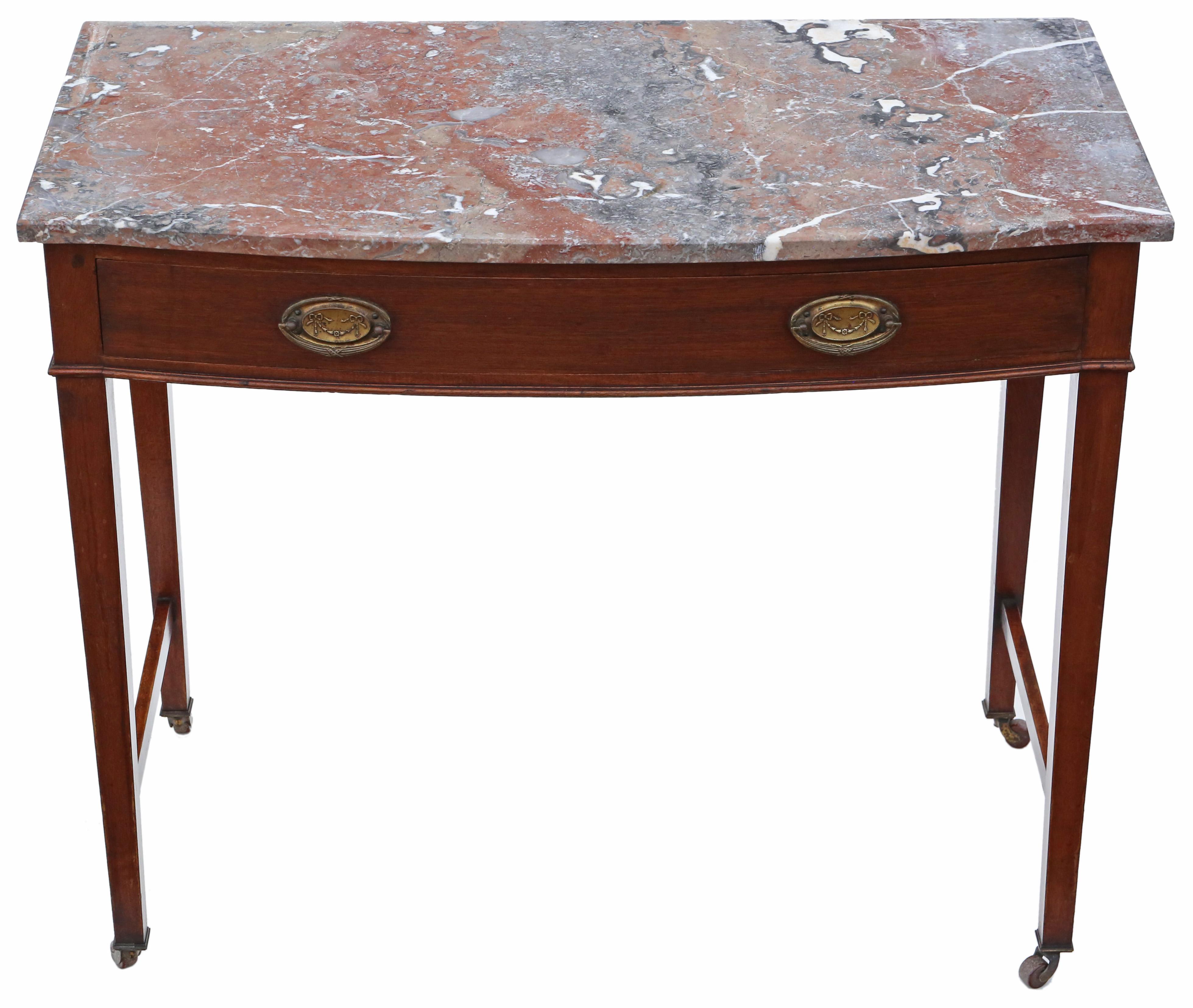 Antique quality C1900 mahogany marble writing side dressing table desk washstand. Lovely age colour and patina.

No loose joints or woodworm. Full of age, character and charm. There is a mahogany lined drawer to the front that slides freely.

Would