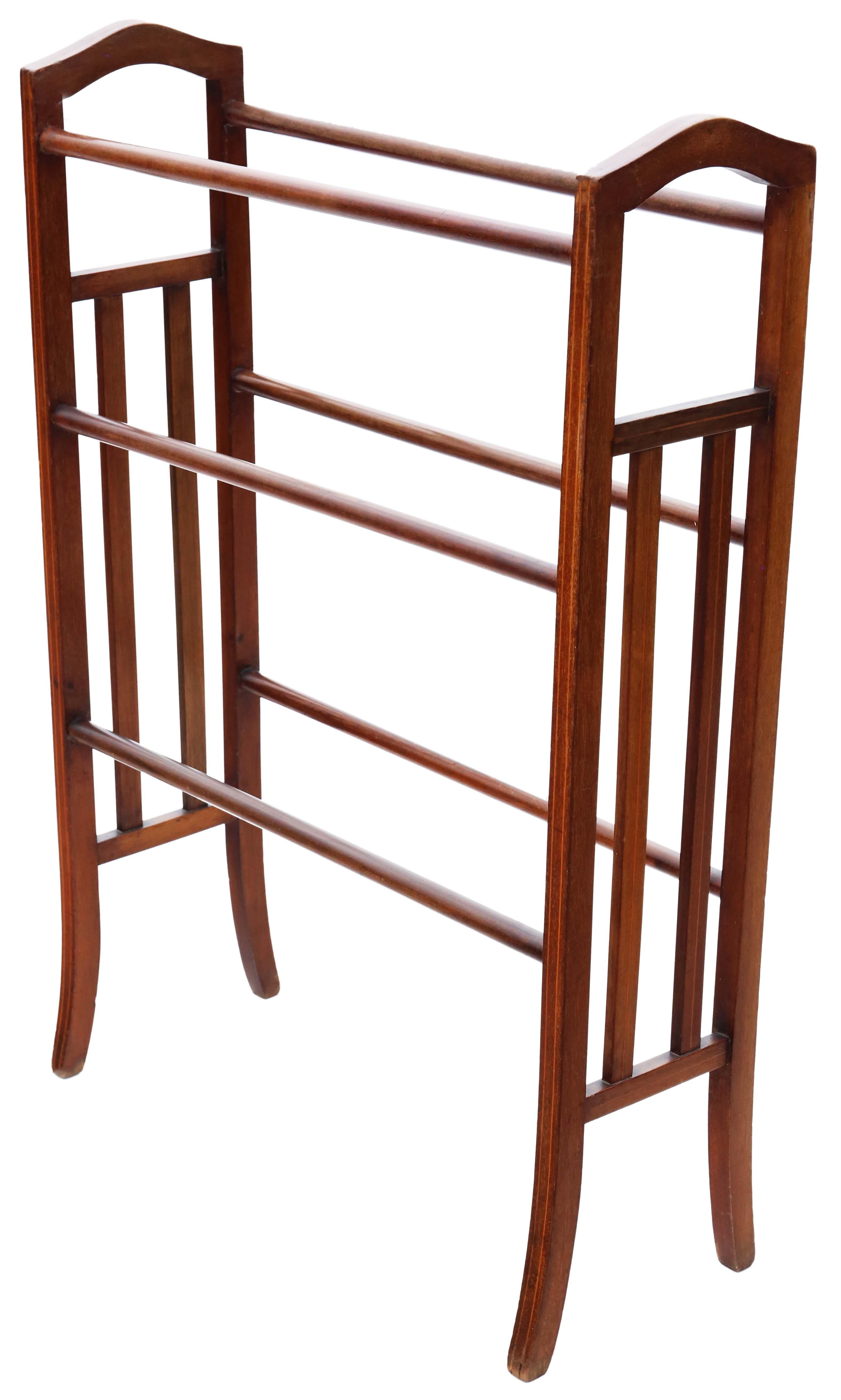 Antique quality C1910 inlaid mahogany towel rail stand Art Nouveau.

No loose joints and no woodworm.

Would look amazing in the right location!

Overall maximum dimensions:

66cmW x 27cmD x 94cmH.

In good antique condition with minor historic