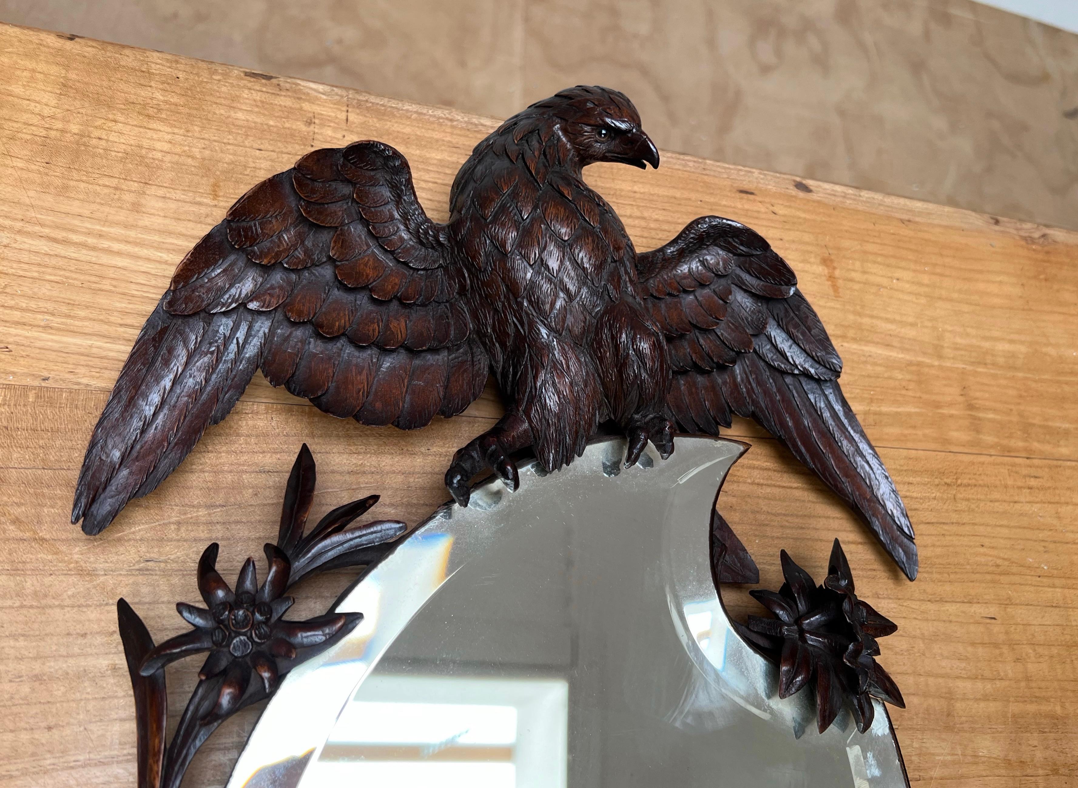 Antique & Quality Carved Black Forest Wall Mirror w Carved Eagle Sculpture Atop 6