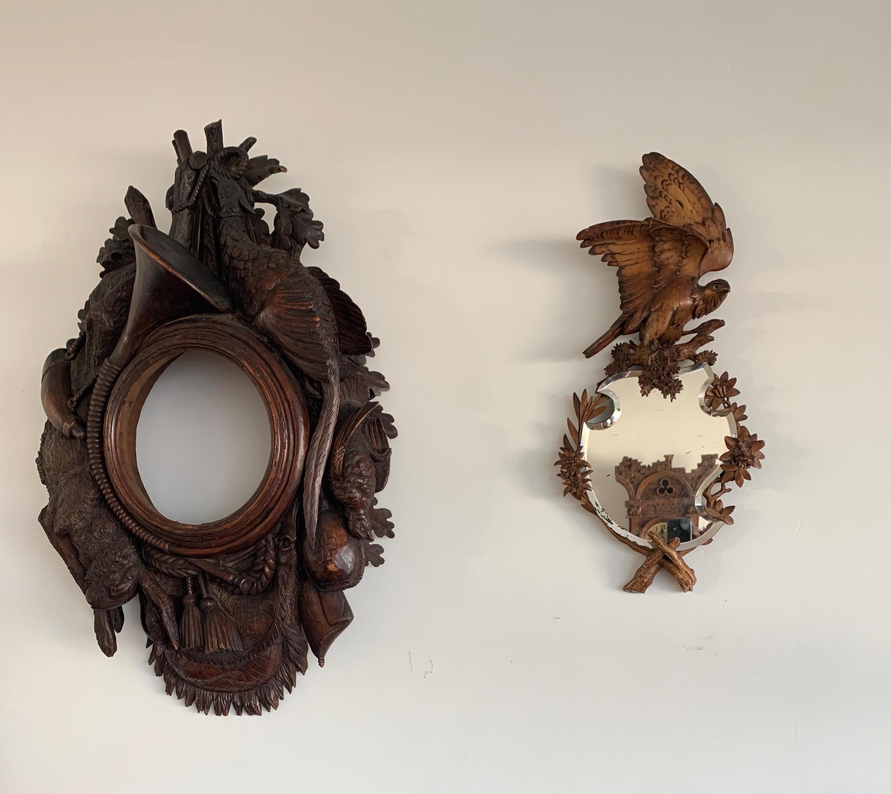 Antique & Quality Carved Black Forest Wall Mirror w. Carved Eagle Sculpture Atop 14