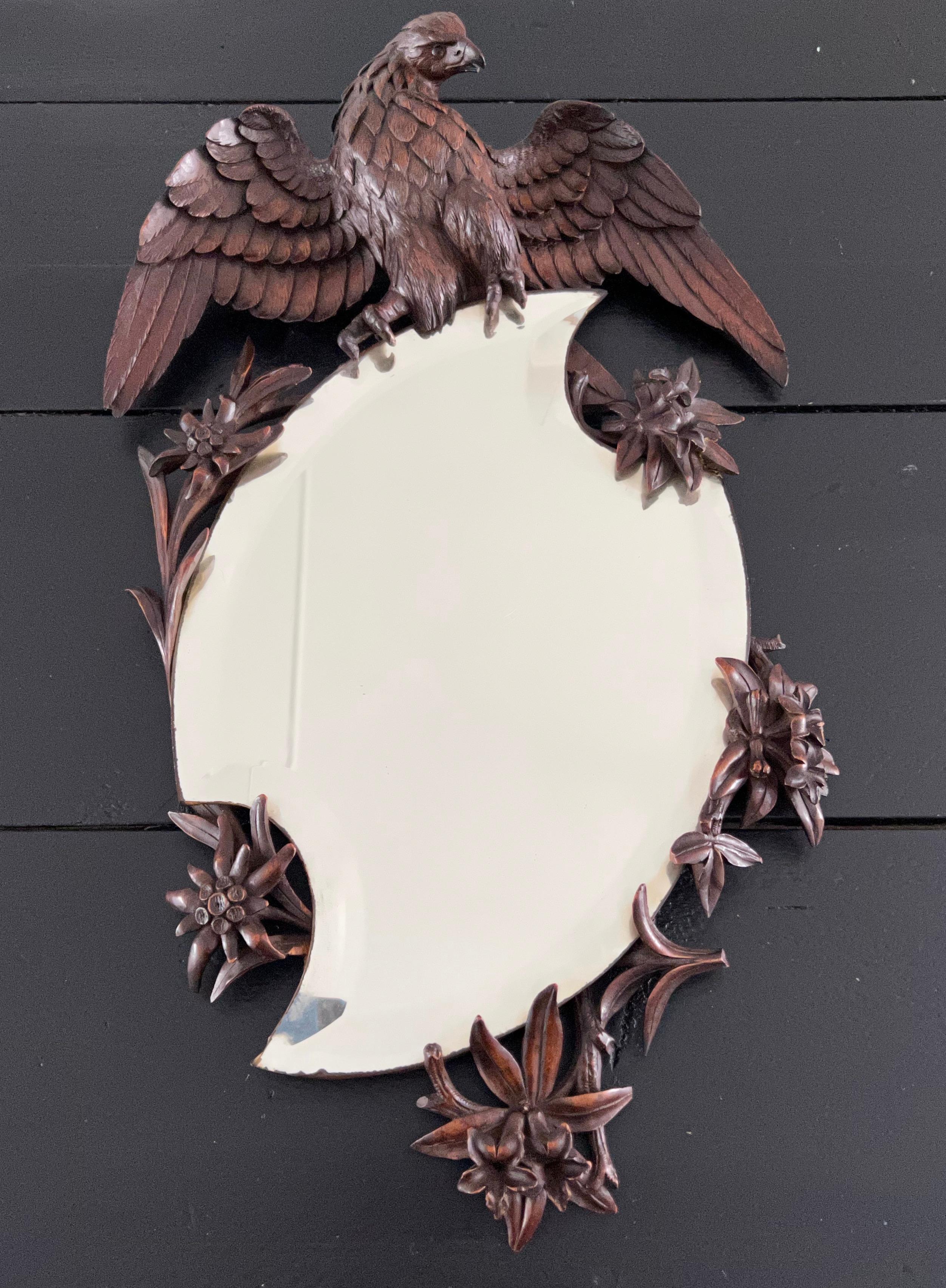 Antique & Quality Carved Black Forest Wall Mirror w Carved Eagle Sculpture Atop 14