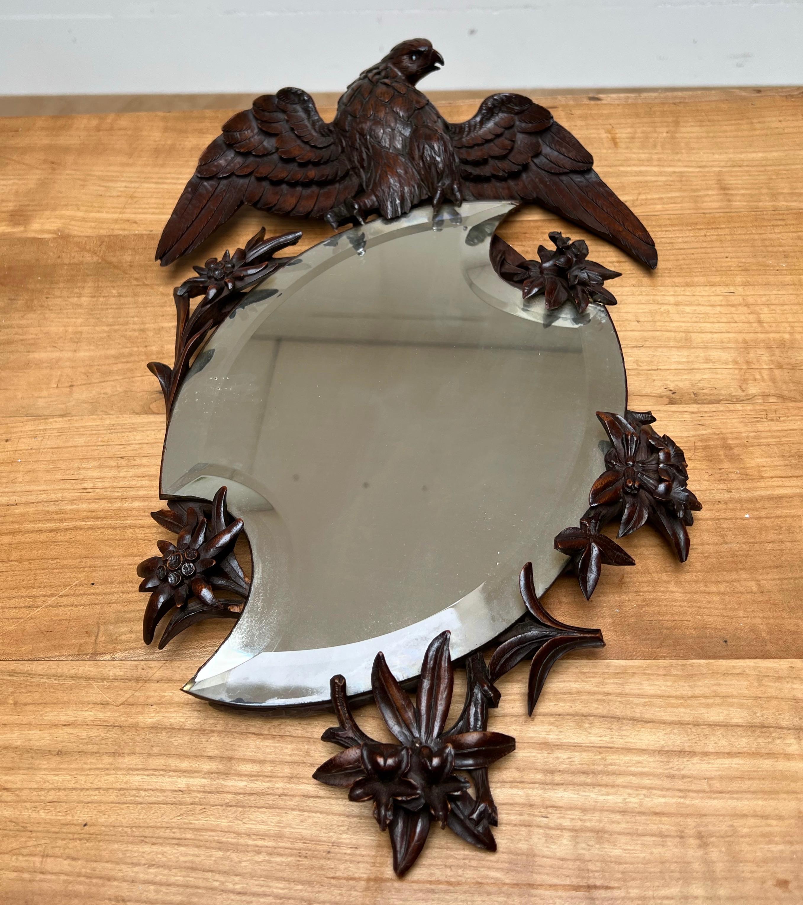 Patinated Antique & Quality Carved Black Forest Wall Mirror w Carved Eagle Sculpture Atop