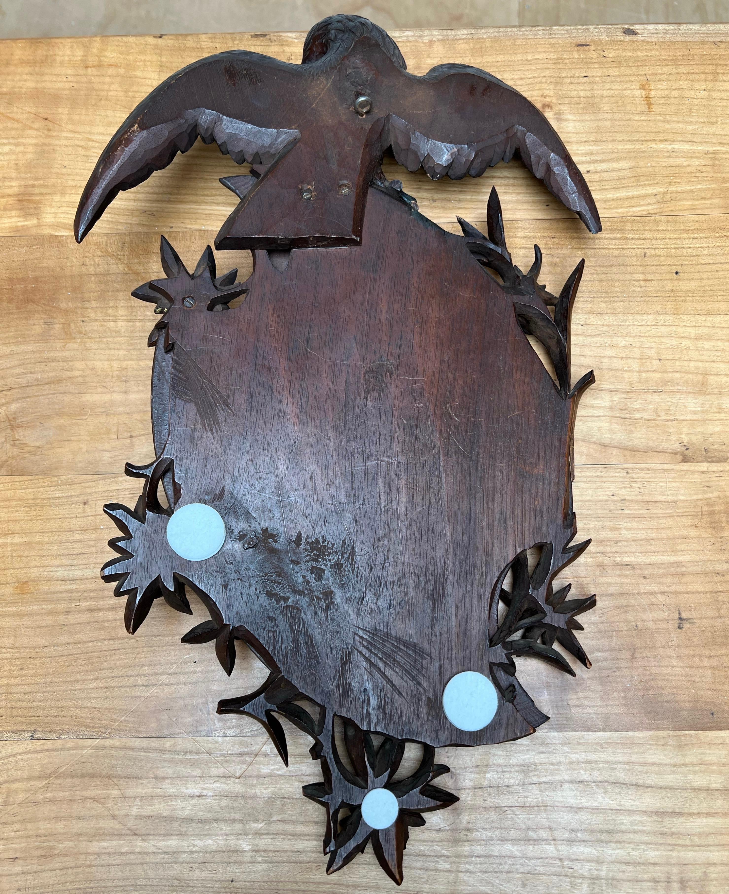 Antique & Quality Carved Black Forest Wall Mirror w Carved Eagle Sculpture Atop In Good Condition In Lisse, NL