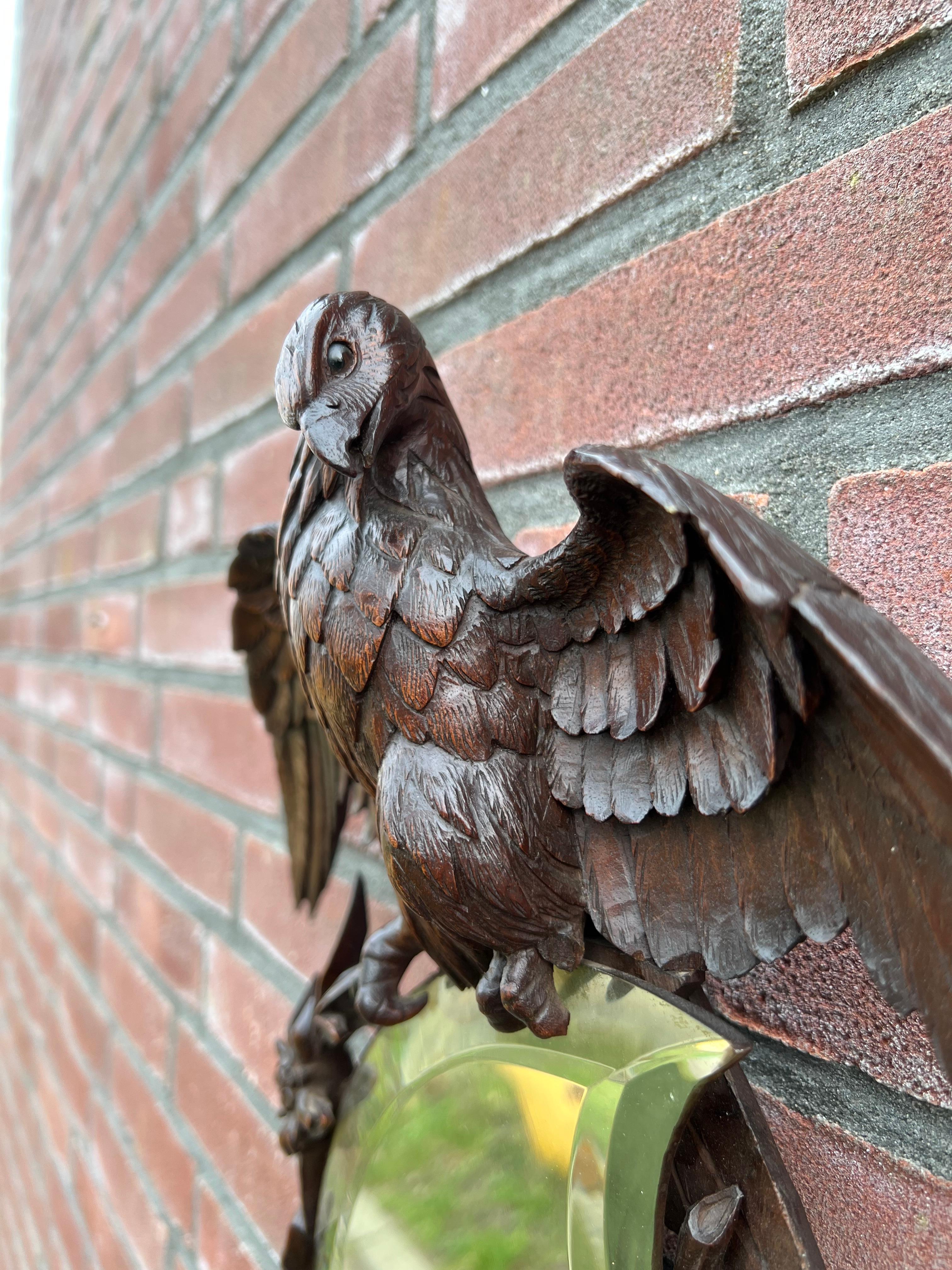 Antique & Quality Carved Black Forest Wall Mirror w Carved Eagle Sculpture Atop 2