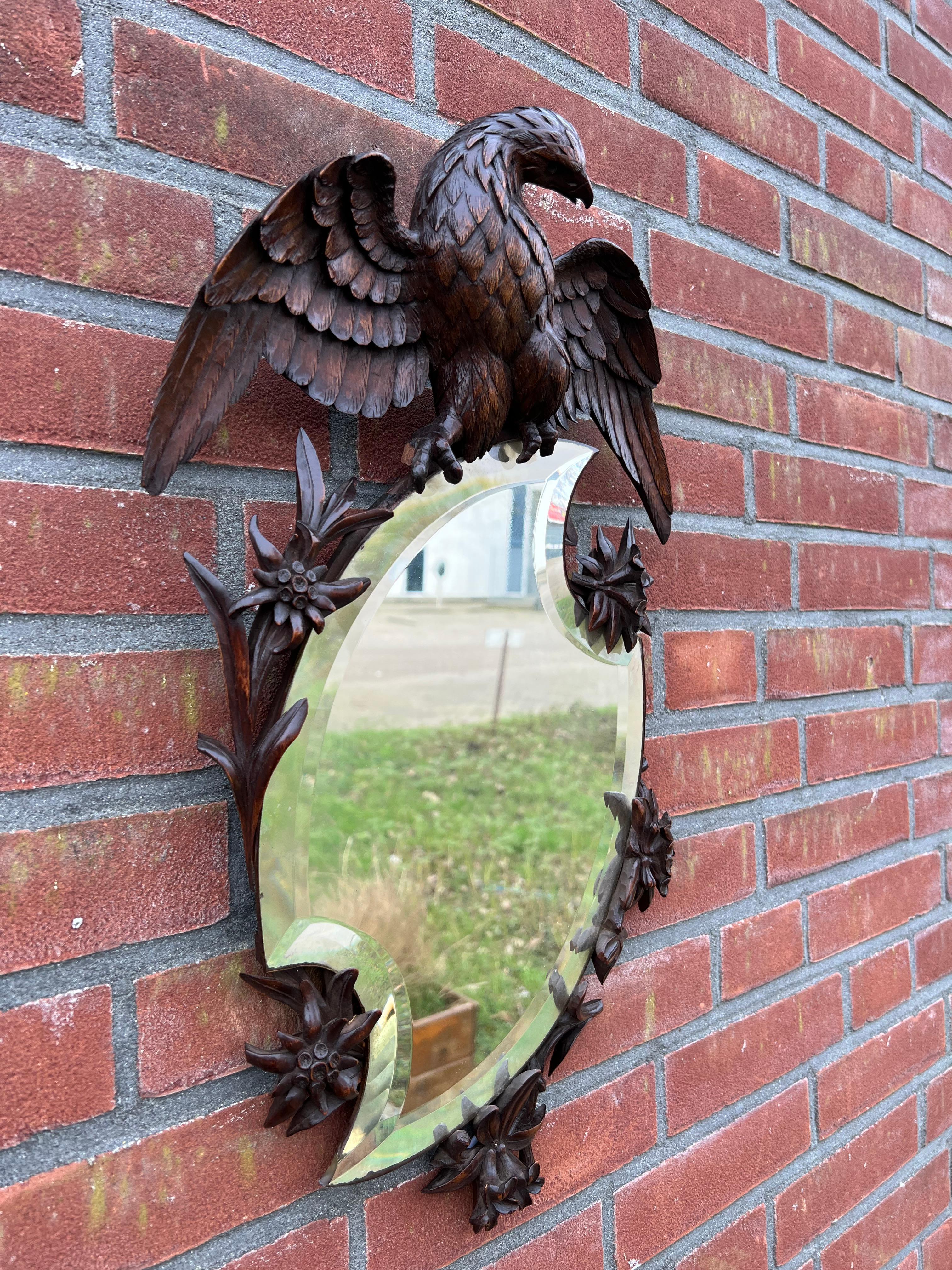 Antique & Quality Carved Black Forest Wall Mirror w Carved Eagle Sculpture Atop 3
