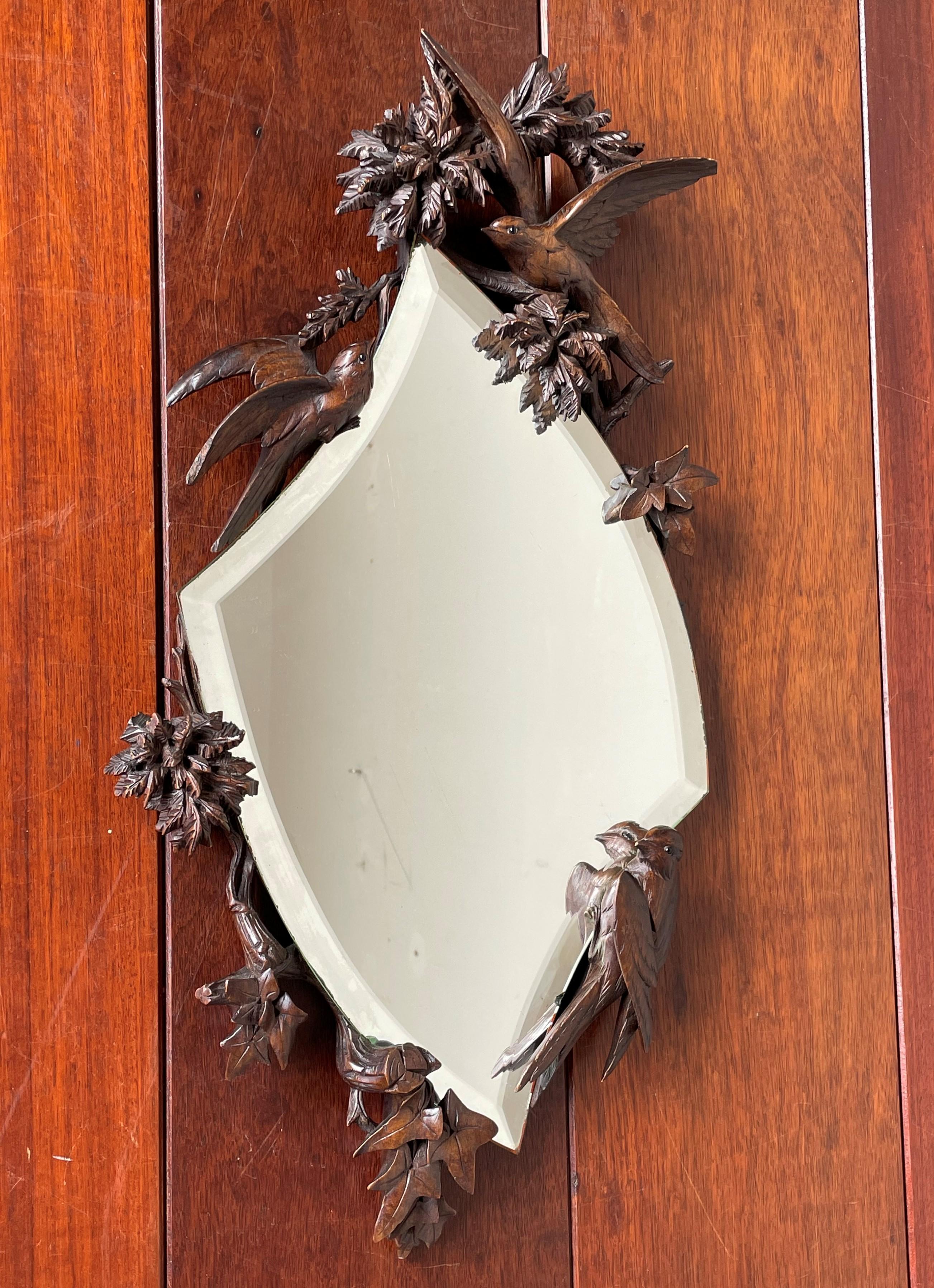 20th Century Antique & Quality Carved Black Forest Wall Mirror w. Carved Sparrow Sculptures
