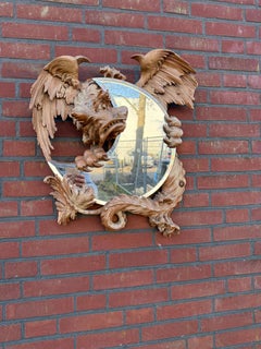 Antique & Quality Carved Dragon Sculpture Holding a Moon Shaped Beveled Mirror