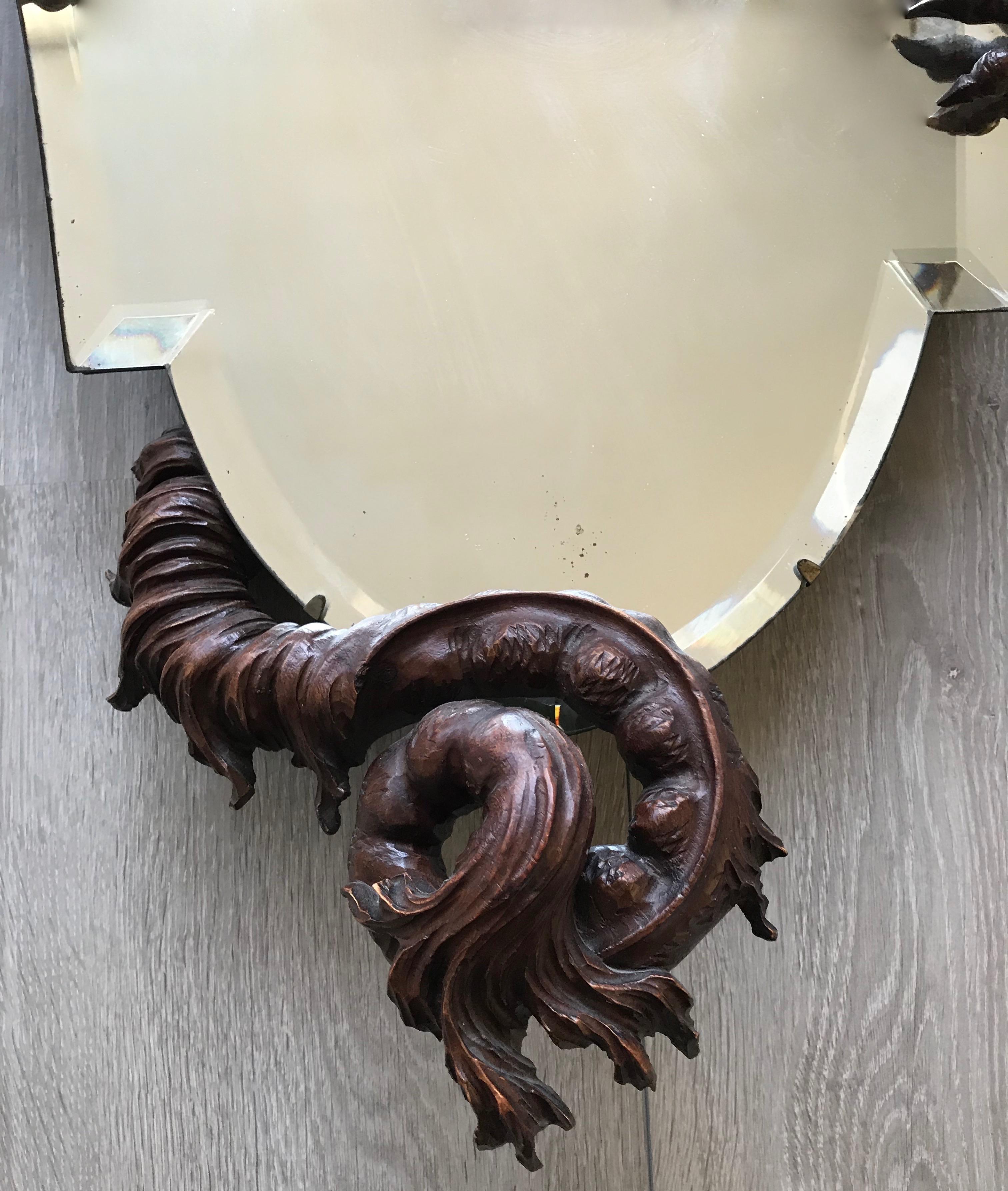 French Antique & Quality Carved Dragon Sculpture Holding a Shield Shaped Beveled Mirror