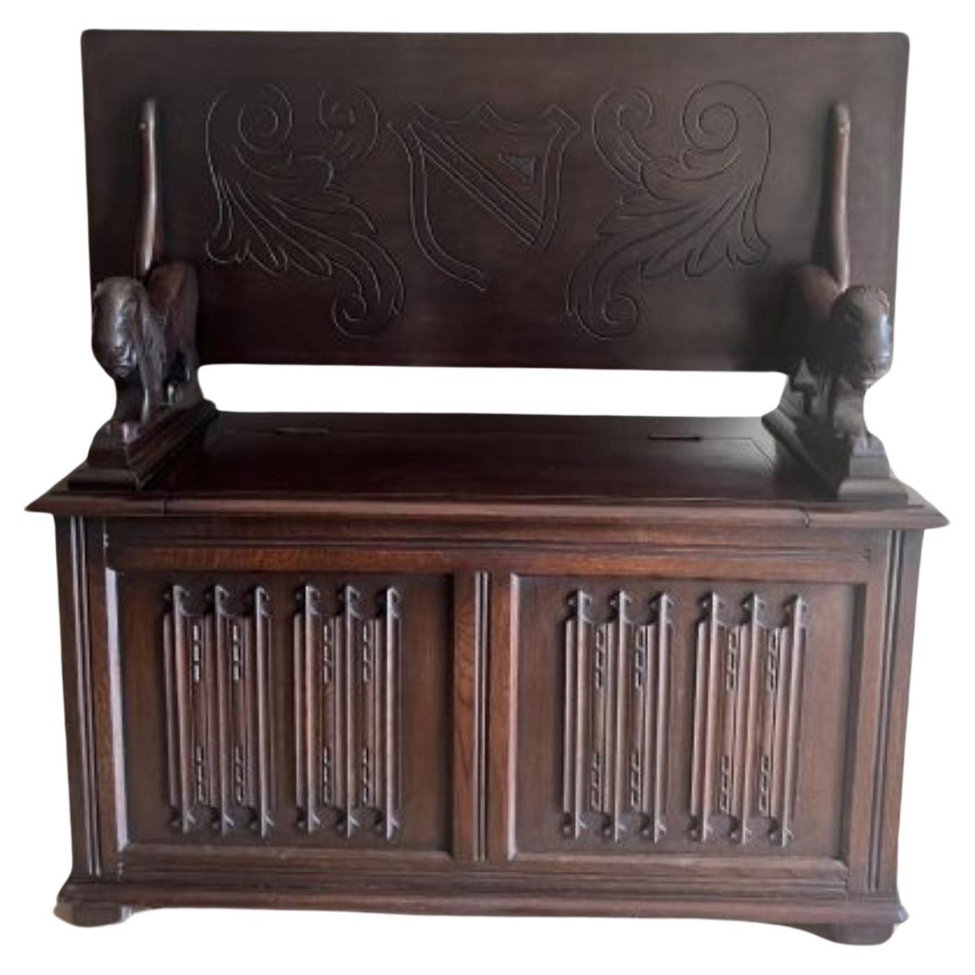 Antique quality carved oak monks bench  For Sale