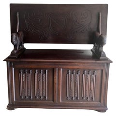Antique quality carved oak monks bench 