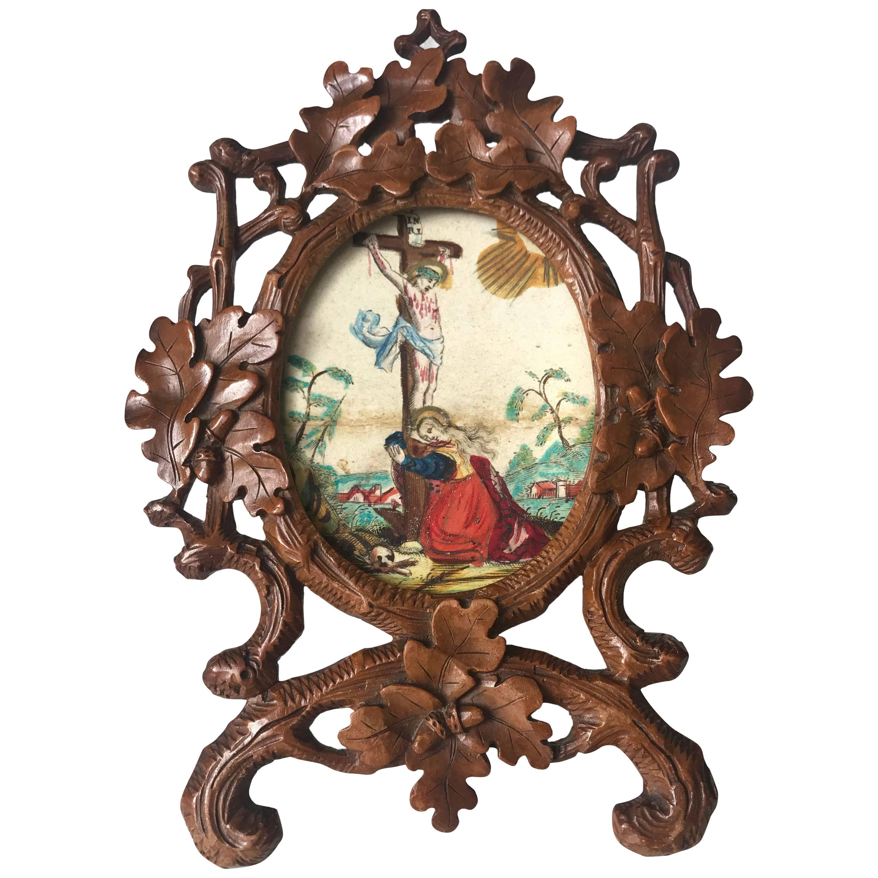 Antique Quality Carved Wooden Black Forest Miniature Table Picture Frame / Easel