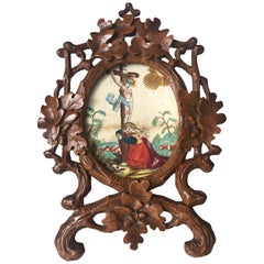 Antique Quality Carved Wooden Black Forest Miniature Table Picture Frame / Easel