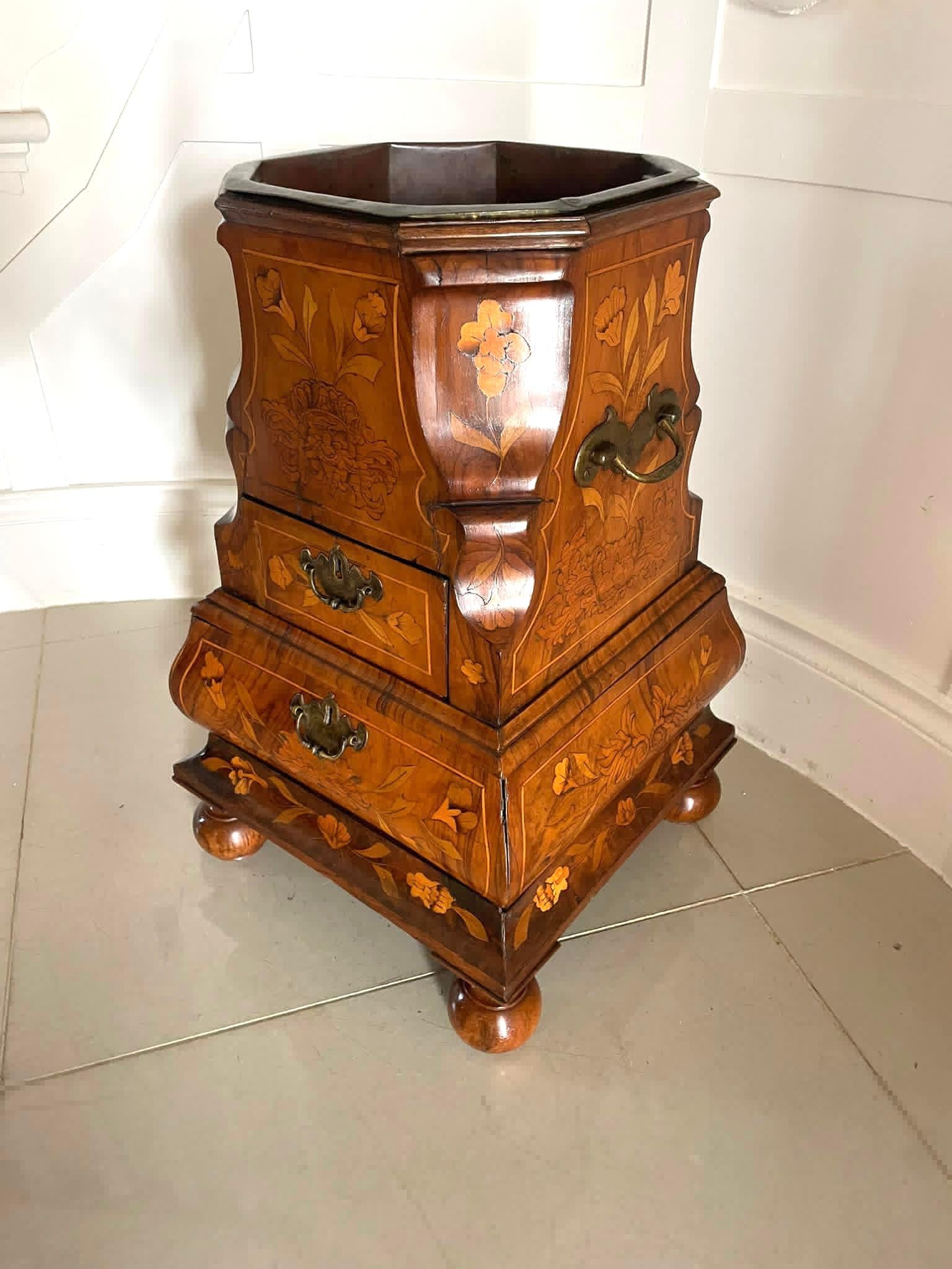 Antique Quality Floral Marquetry Burr Walnut Freestanding Champagne/Wine Cooler For Sale 9
