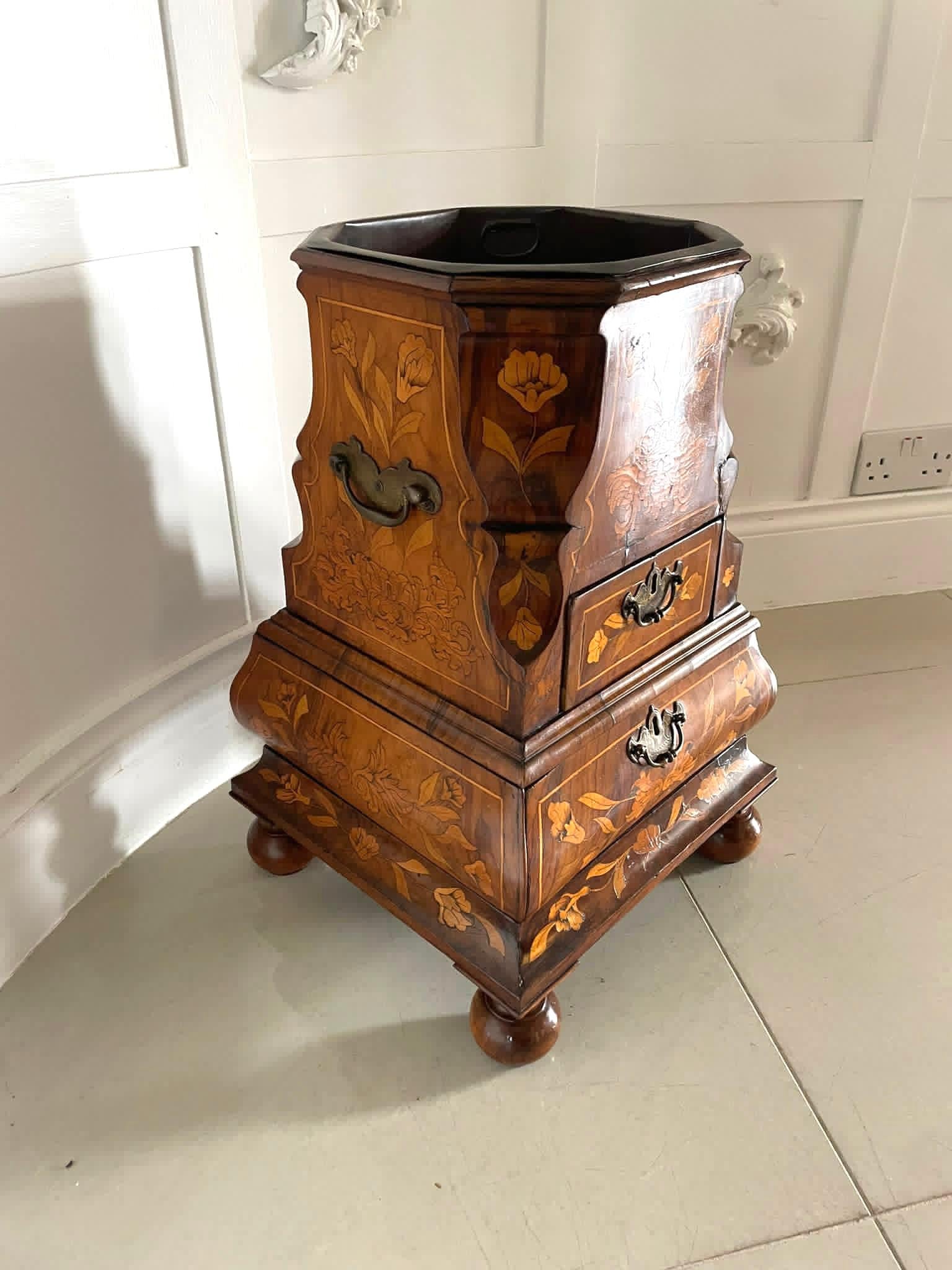 Antique Quality Floral Marquetry Burr Walnut Freestanding Champagne/Wine Cooler For Sale 10