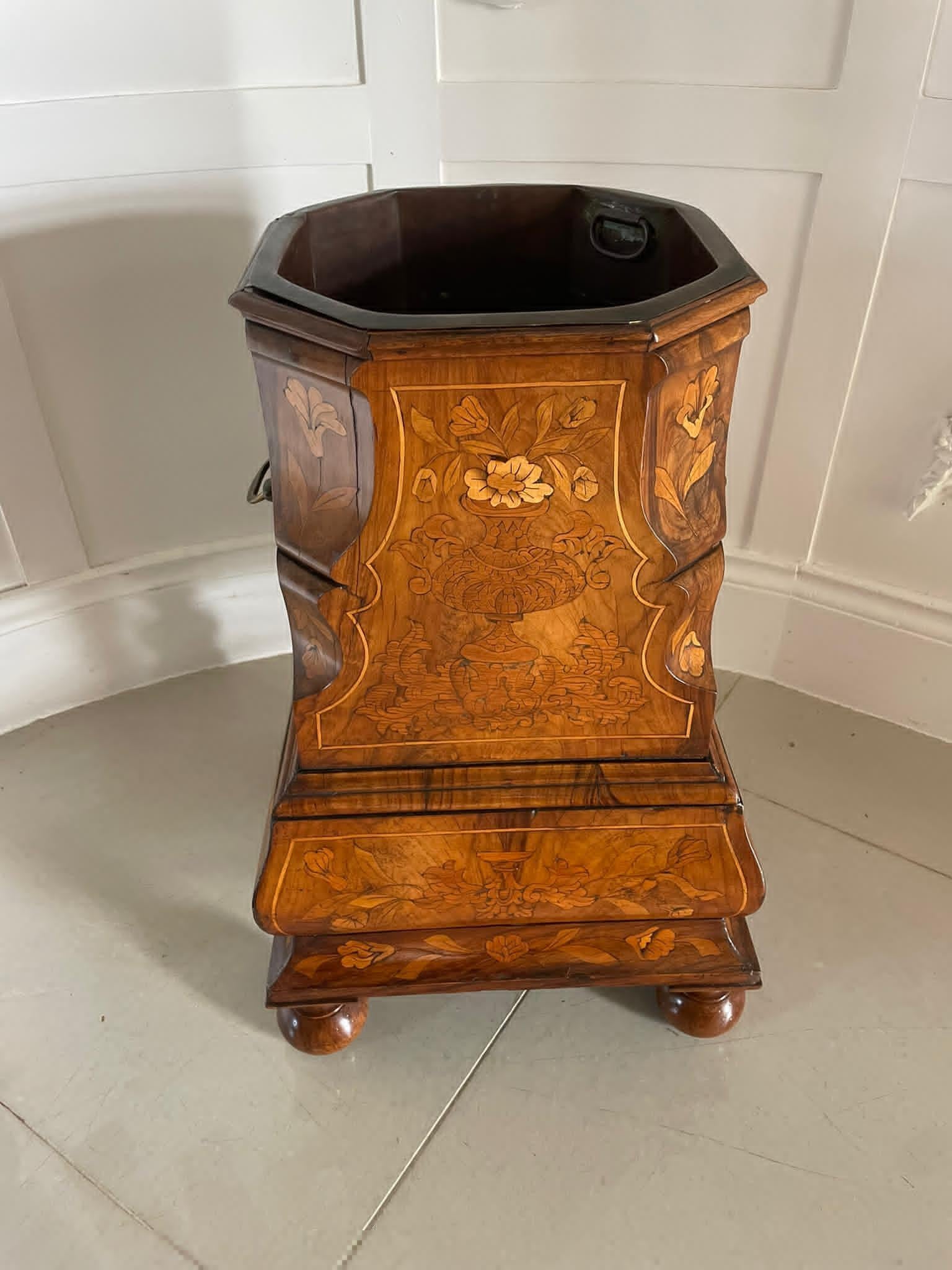 English Antique Quality Floral Marquetry Burr Walnut Freestanding Champagne/Wine Cooler For Sale