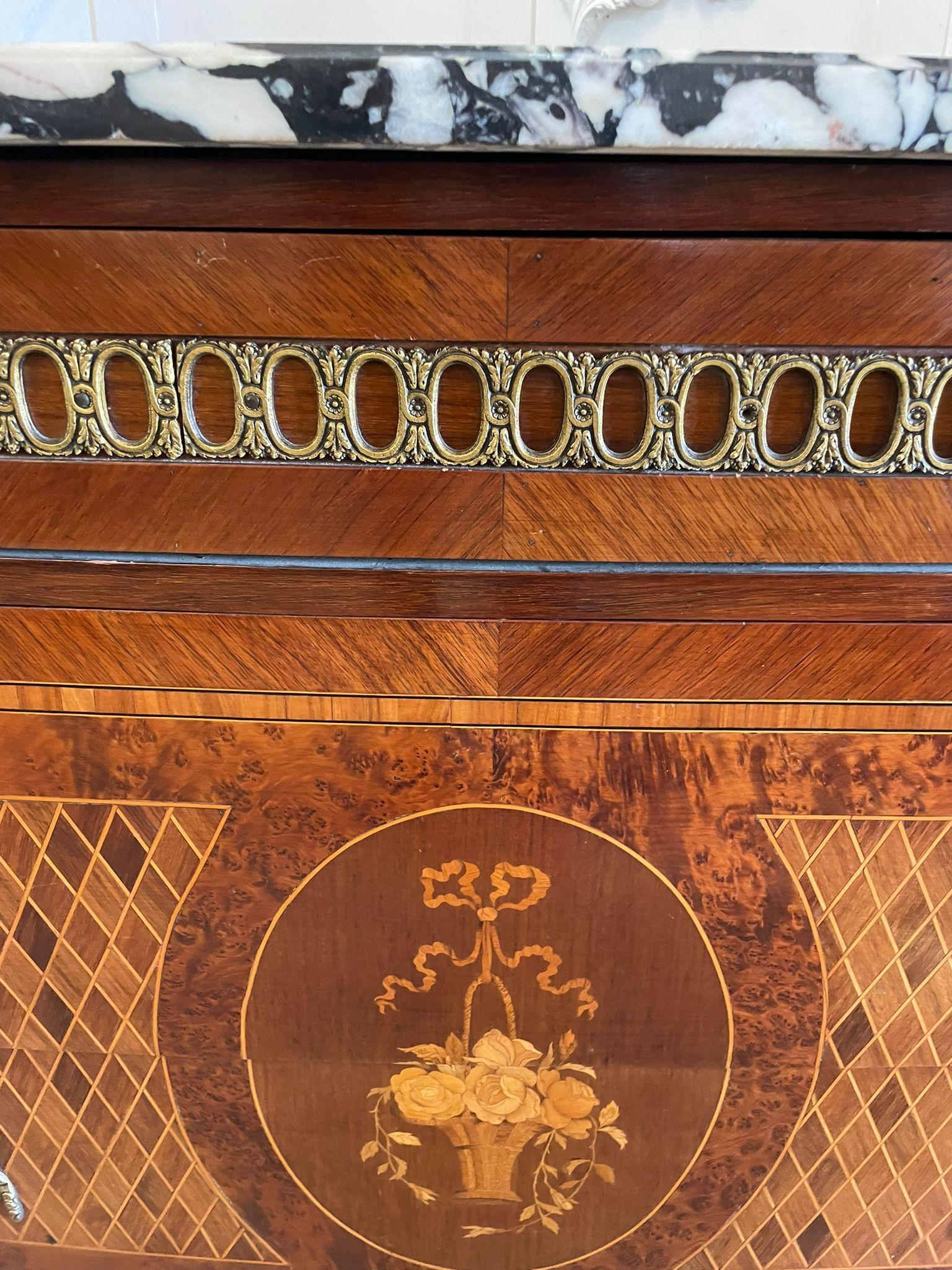 Antique Quality French Kingwood & Marquetry Inlaid Marble Top Chest of Drawers For Sale 6