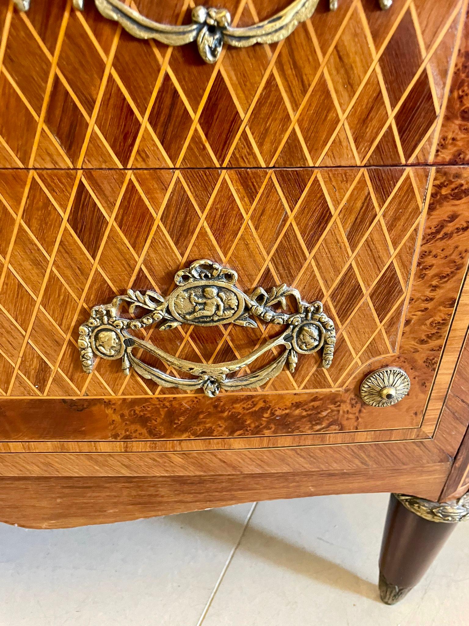 Antique Quality French Kingwood & Marquetry Inlaid Marble Top Chest of Drawers For Sale 7