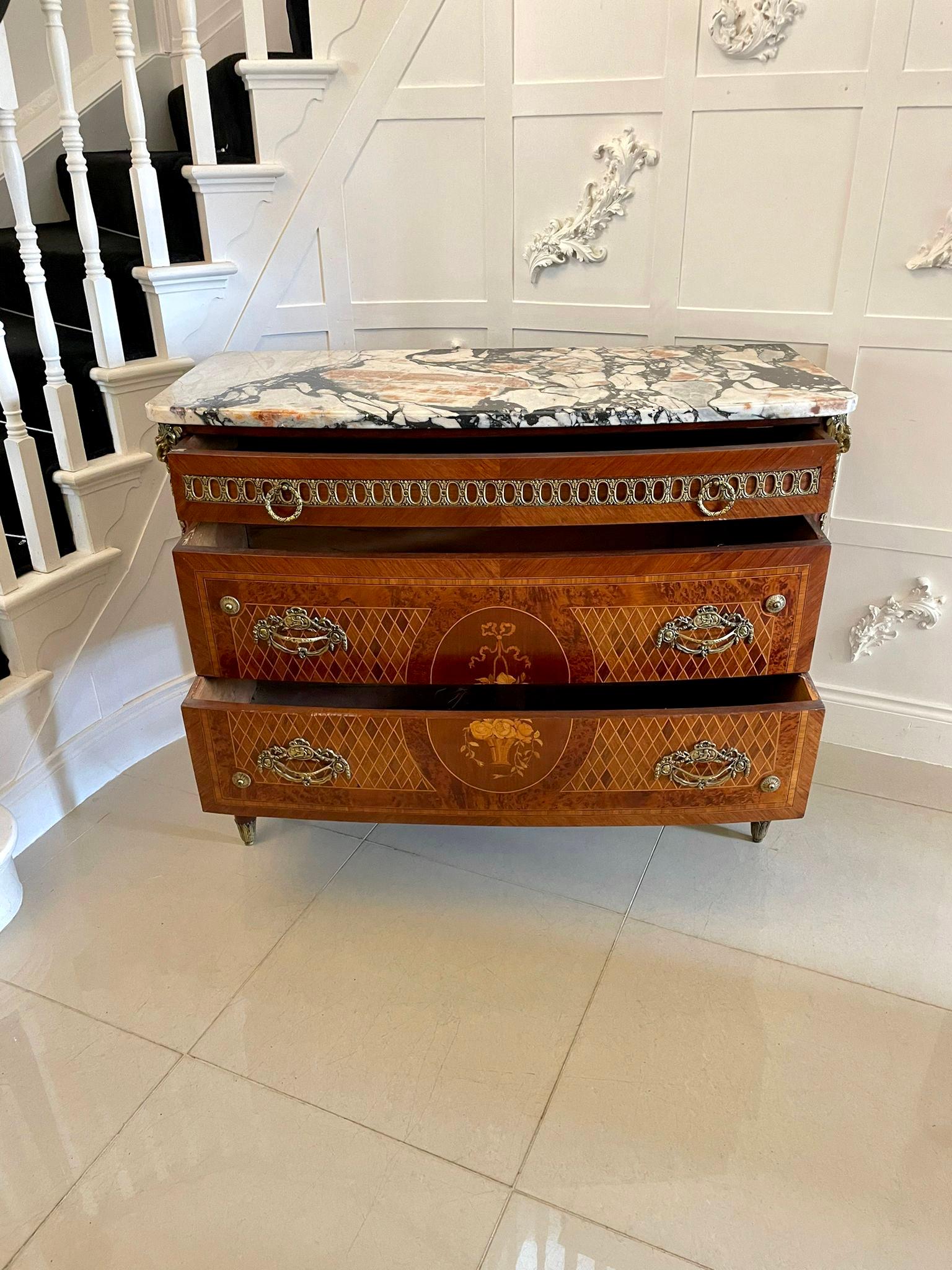 Antique Quality French Kingwood & Marquetry Inlaid Marble Top Chest of Drawers For Sale 8