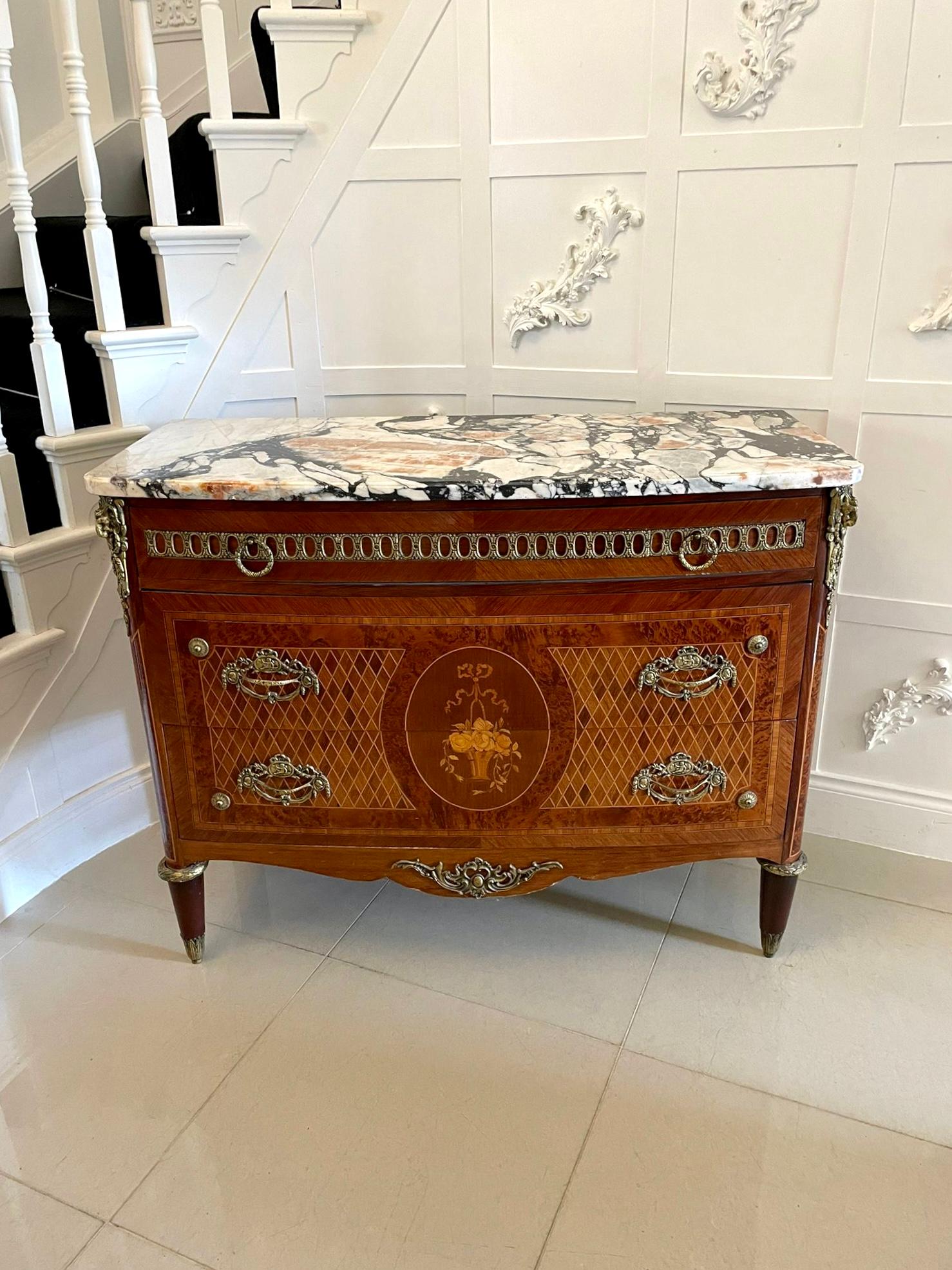 Antique Quality French Kingwood & Marquetry Inlaid Marble Top Chest of Drawers For Sale 9
