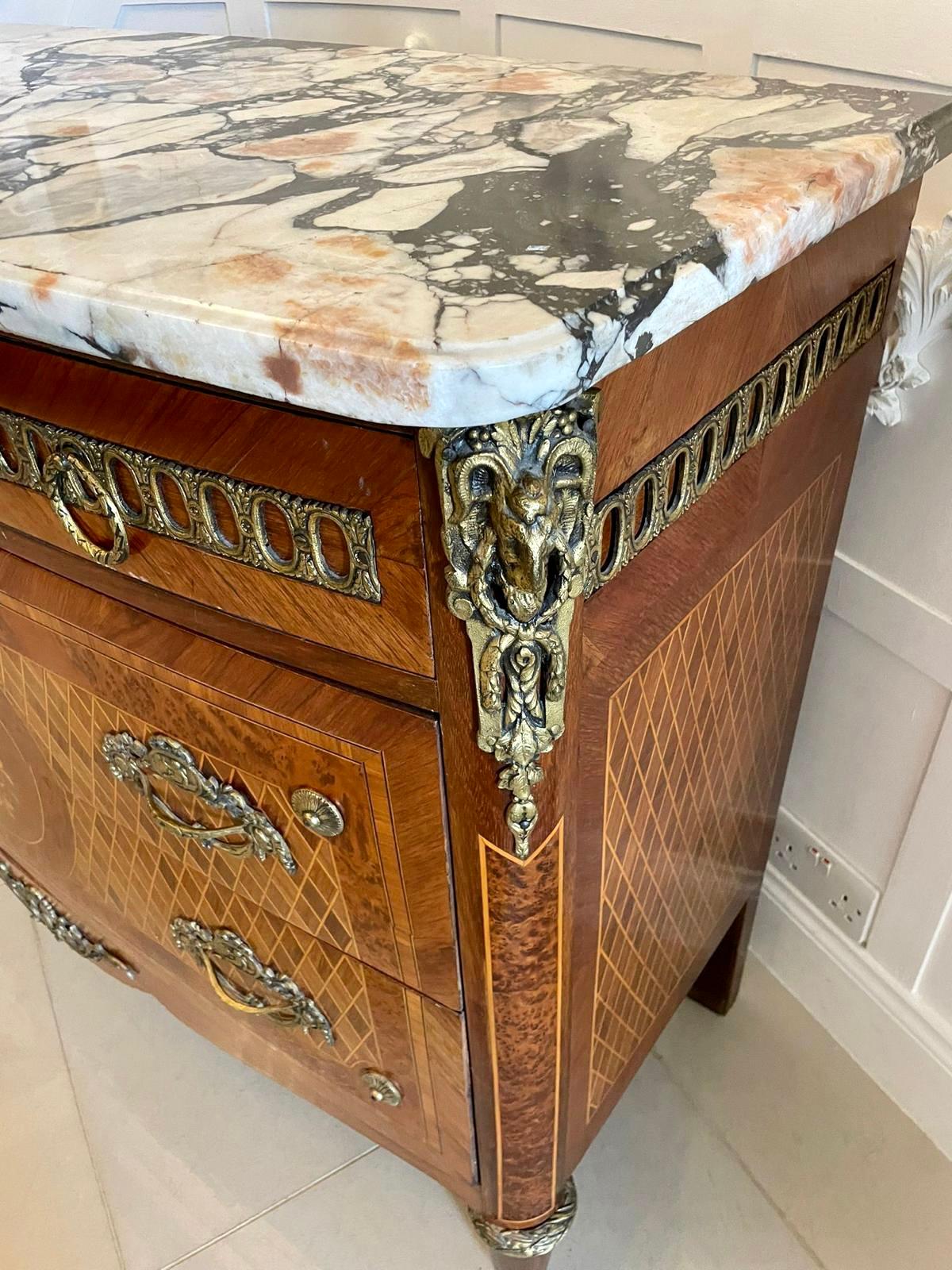 Antique Quality French Kingwood & Marquetry Inlaid Marble Top Chest of Drawers For Sale 13