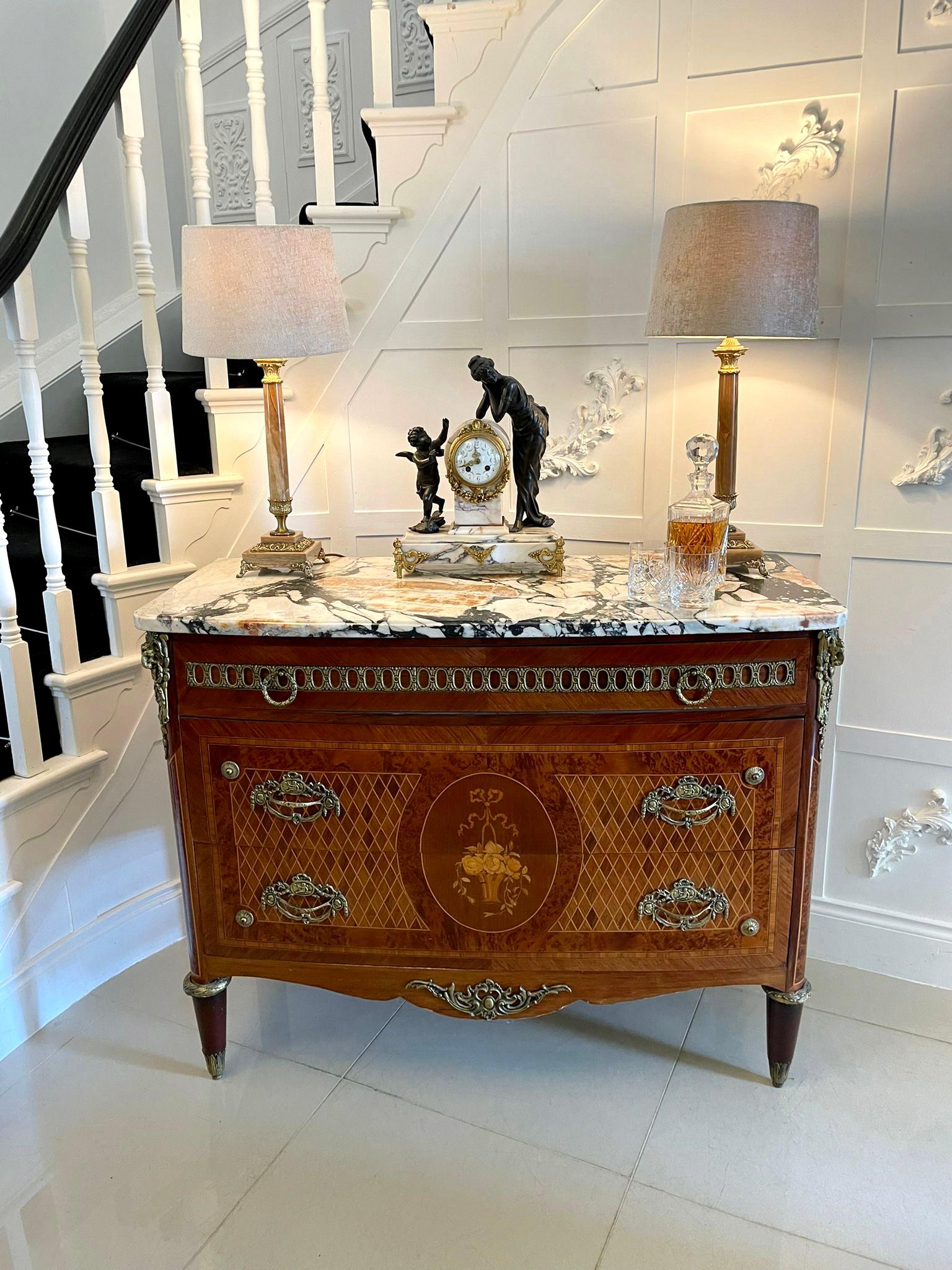 Victorian Antique Quality French Kingwood & Marquetry Inlaid Marble Top Chest of Drawers For Sale