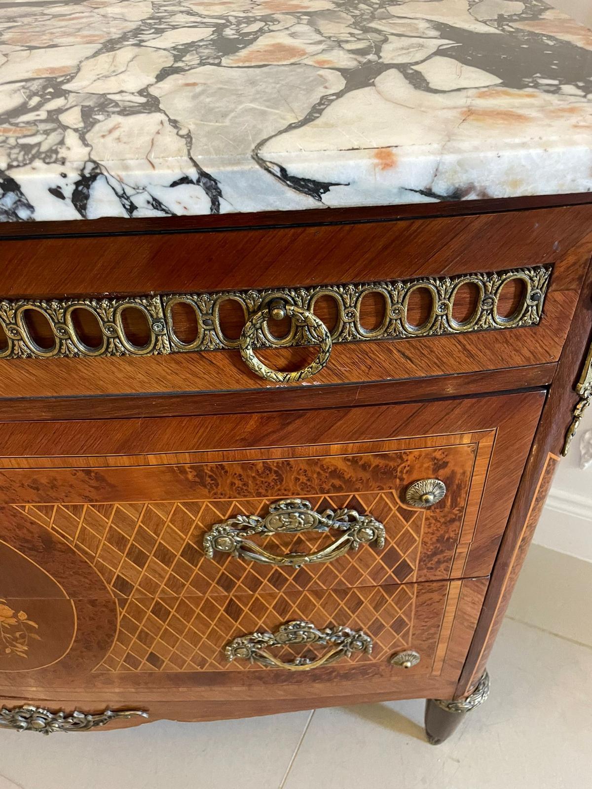 Inlay Antique Quality French Kingwood & Marquetry Inlaid Marble Top Chest of Drawers For Sale