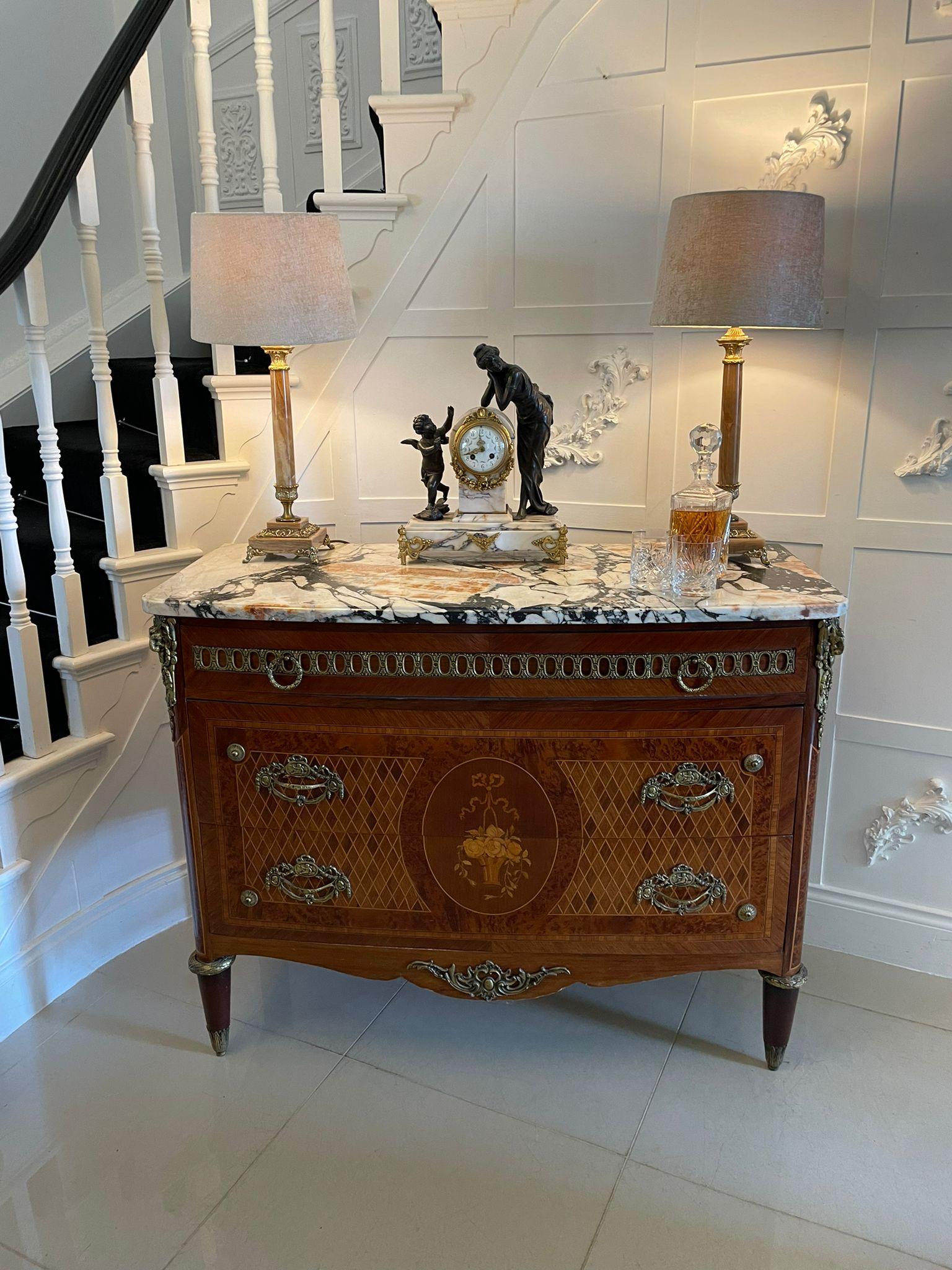 Other Antique Quality French Kingwood & Marquetry Inlaid Marble Top Chest of Drawers For Sale